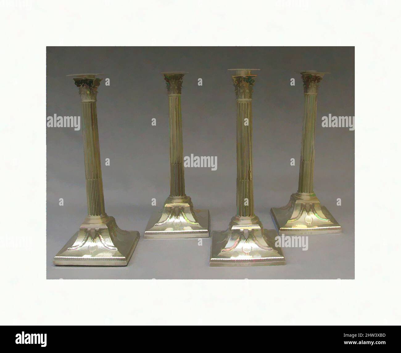Art inspiré par quatre chandeliers, John carter II (actif 1768–1777), éventuellement 1774–75, britannique, Londres, argent, chacun : 12 1/2 × 5 1/2 po (31,8 × 14 cm), Metalwork-Silver, John carter II (actif 1768–1777, œuvres classiques modernisées par Artotop avec une touche de modernité. Formes, couleur et valeur, impact visuel accrocheur sur l'art émotions par la liberté d'œuvres d'art d'une manière contemporaine. Un message intemporel qui cherche une nouvelle direction créative. Artistes qui se tournent vers le support numérique et créent le NFT Artotop Banque D'Images
