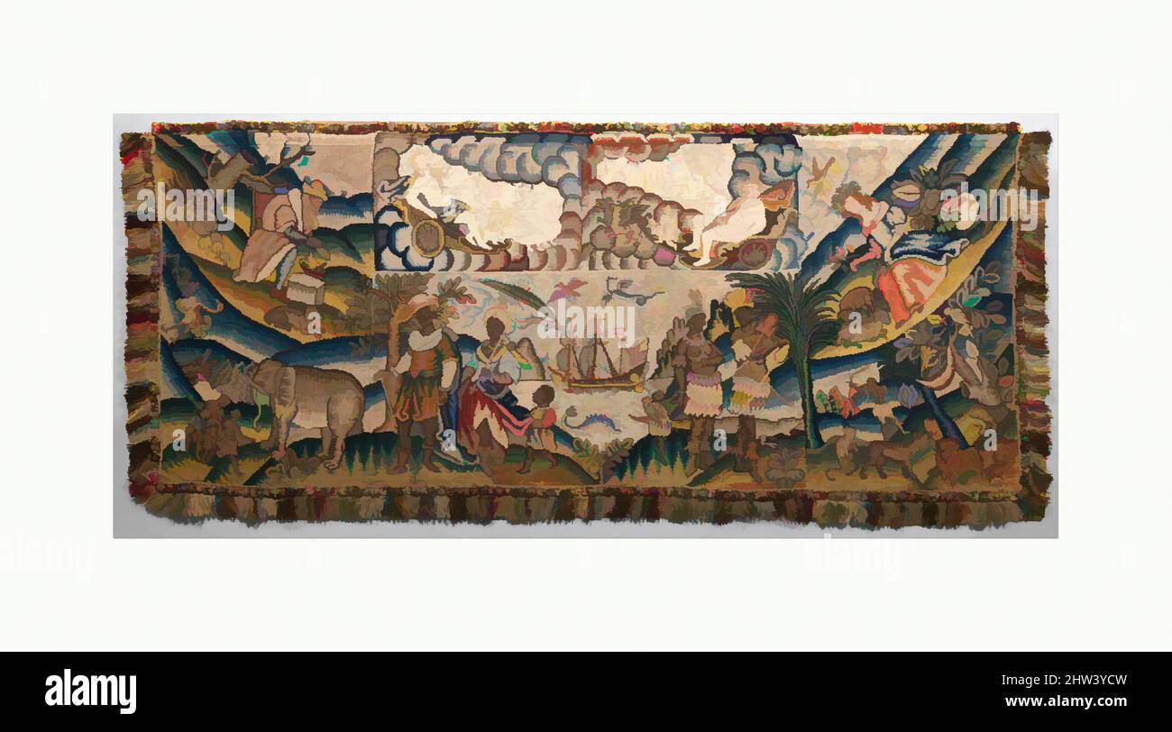 Art inspiré par Panel d'un tapis de table montrant les quatre continents, les Saisons, et quatre planètes, entre 1662 et 1680, British, lin et satin de soie, brodés avec soie et laine, passementerie de fil de soie, parchemin de soie, et métal, 36 1/8 x 87 1/4 po. (91,8 x 221,6, œuvres classiques modernisées par Artotop avec une touche de modernité. Formes, couleur et valeur, impact visuel accrocheur sur l'art émotions par la liberté d'œuvres d'art d'une manière contemporaine. Un message intemporel qui cherche une nouvelle direction créative. Artistes qui se tournent vers le support numérique et créent le NFT Artotop Banque D'Images
