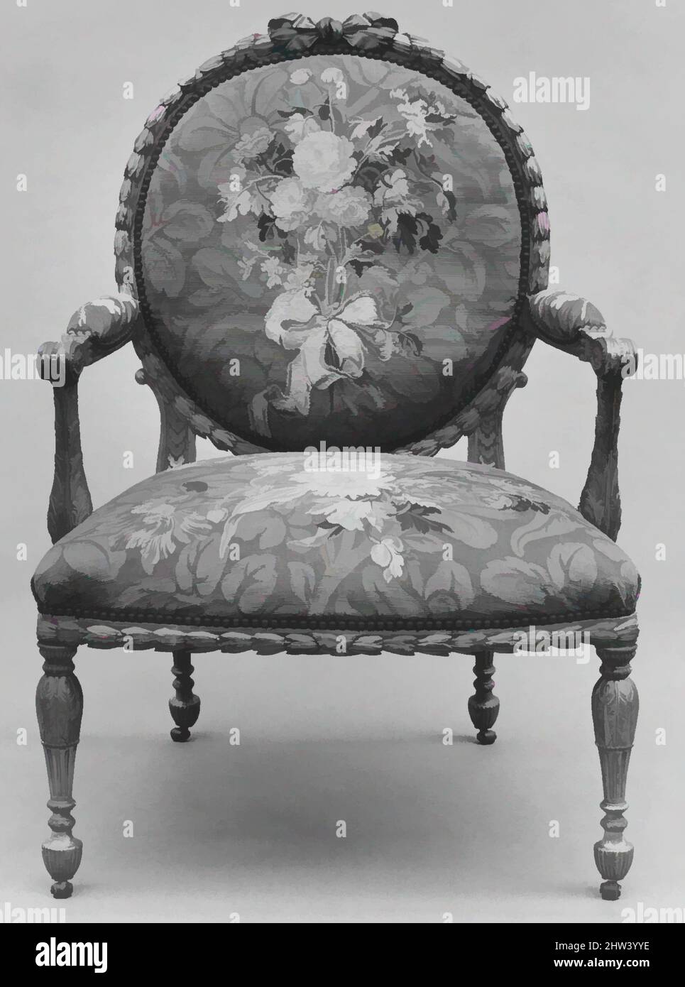 Art inspiré par Armchair (un des six), 1769–71, britannique et français, bois de fruit doré; laine et soie (22-24 gauchines par pouce, 9-10 par centimètre), 41 3/4 × 28 1/2 × 27 po. (106 × 72,4 × 68,6 cm), mobilier en bois, John Mayhew (britannique, 1736–1811) et William Ince (britannique, œuvres classiques modernisées par Artotop avec une touche de modernité. Formes, couleur et valeur, impact visuel accrocheur sur l'art émotions par la liberté d'œuvres d'art d'une manière contemporaine. Un message intemporel qui cherche une nouvelle direction créative. Artistes qui se tournent vers le support numérique et créent le NFT Artotop Banque D'Images