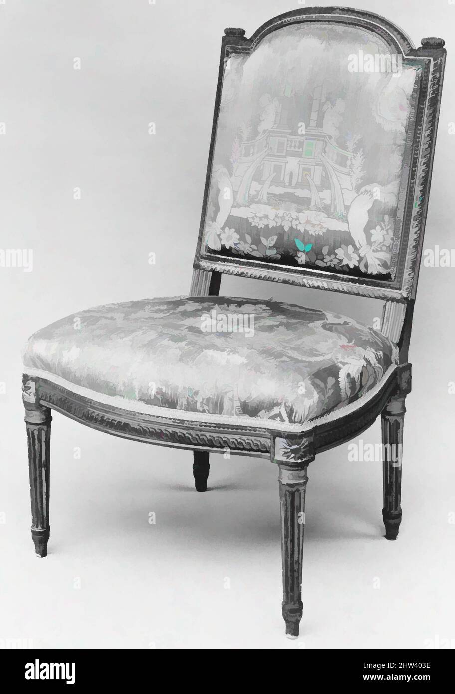 Art inspiré par chaise de côté (chaise à la reine) (partie d'un ensemble), 1786–87, français, Paris, hêtre sculpté et doré; damass en soie (non original), H. 36 1/2 × l 22 1/2 × D. 19 3/4 po. (92,7 × 57,2 × 50,2 cm), mobilier en bois, Jean Baptiste Boulard (env. 1725–1789), sculptée par Nicolas, oeuvres classiques modernisées par Artotop avec une touche de modernité. Formes, couleur et valeur, impact visuel accrocheur sur l'art émotions par la liberté d'œuvres d'art d'une manière contemporaine. Un message intemporel qui cherche une nouvelle direction créative. Artistes qui se tournent vers le support numérique et créent le NFT Artotop Banque D'Images