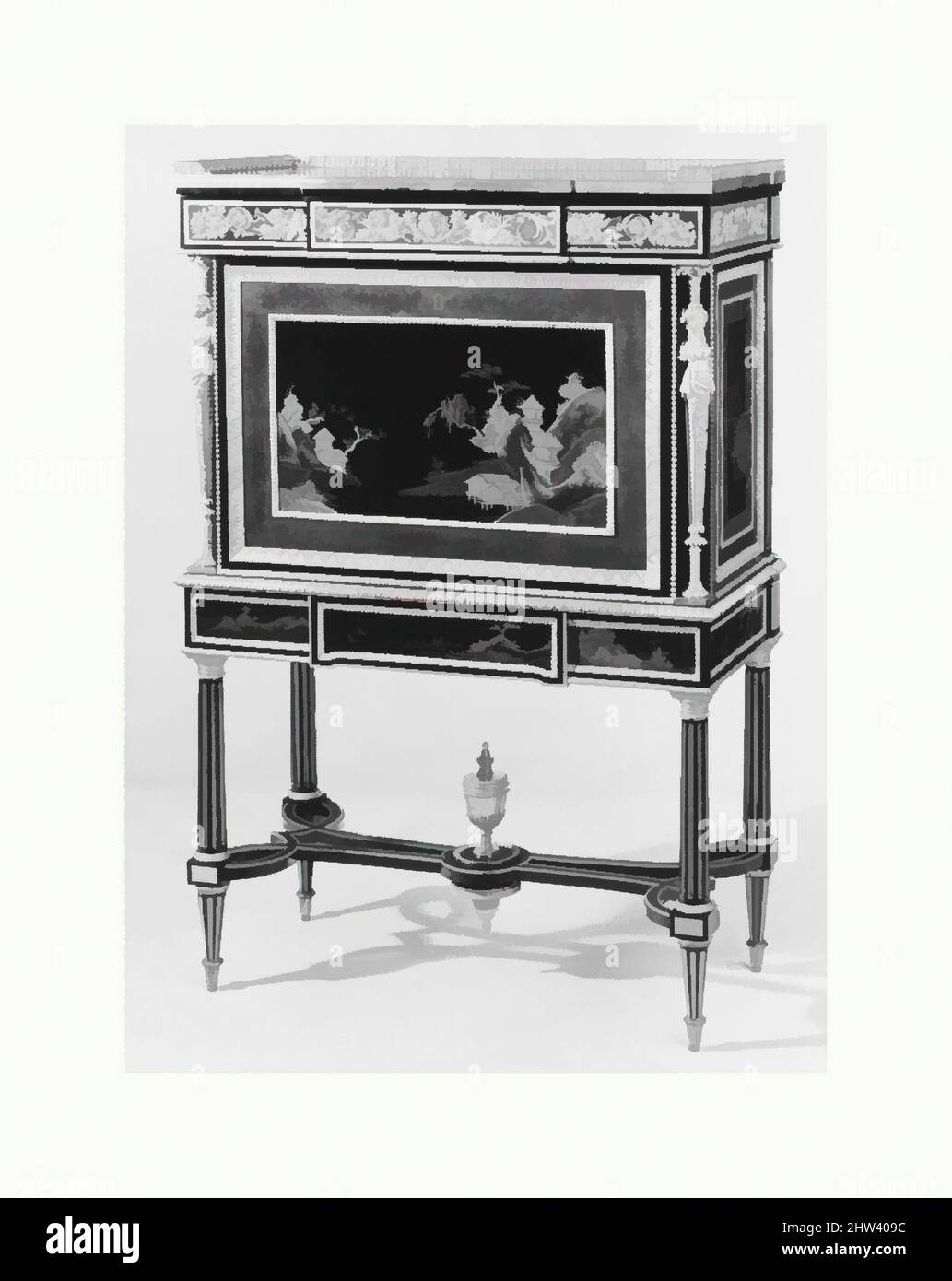 Art inspiré par le secrétaire sur pied (secrétaire à l'abattant ou sectaire en cabinet) (un de deux) (partie d'un ensemble), ca. 1790, Français, Paris, Chêne plaqué ébène, amarante, houx, houx ebiné, satinwood, Panneaux laqués japonais et français, supports en bronze doré, œuvres classiques modernisées par Artotop avec une touche de modernité. Formes, couleur et valeur, impact visuel accrocheur sur l'art émotions par la liberté d'œuvres d'art d'une manière contemporaine. Un message intemporel qui cherche une nouvelle direction créative. Artistes qui se tournent vers le support numérique et créent le NFT Artotop Banque D'Images