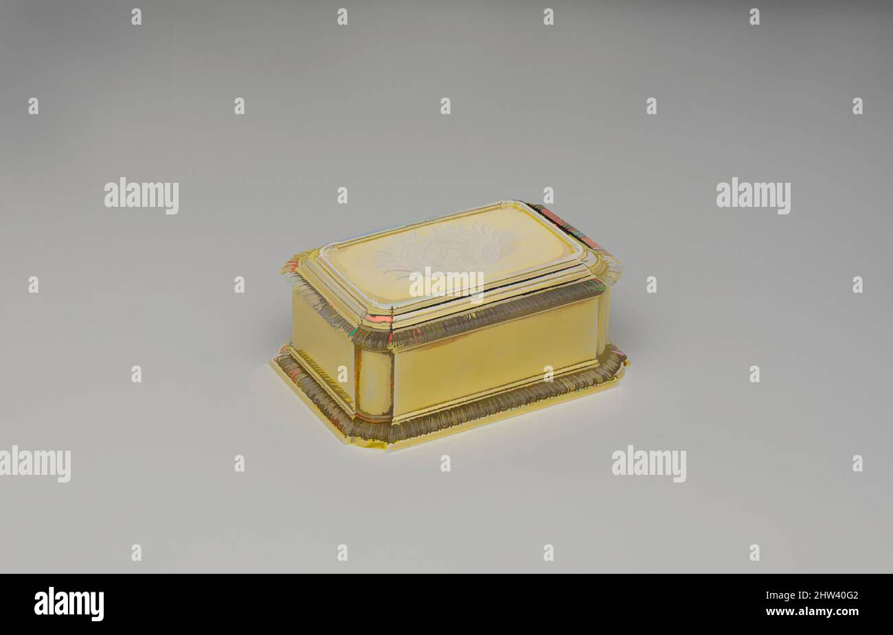 Art inspiré par la boîte de toilette (une de paire) (partie d'un ensemble), 1766, British, London, Silver Gilt, Total (confirmé) : 2 x 5 1/16 x 3 5/8 po. (5,1 x 12,9 x 9,2 cm), Metalwork-Silver, John Parker (britannique, active 1759–77), Edward Wakelin (britannique, Actif avant 1748, mort en 1784), ces œuvres classiques modernisées par Artotop avec une touche de modernité. Formes, couleur et valeur, impact visuel accrocheur sur l'art émotions par la liberté d'œuvres d'art d'une manière contemporaine. Un message intemporel qui cherche une nouvelle direction créative. Artistes qui se tournent vers le support numérique et créent le NFT Artotop Banque D'Images