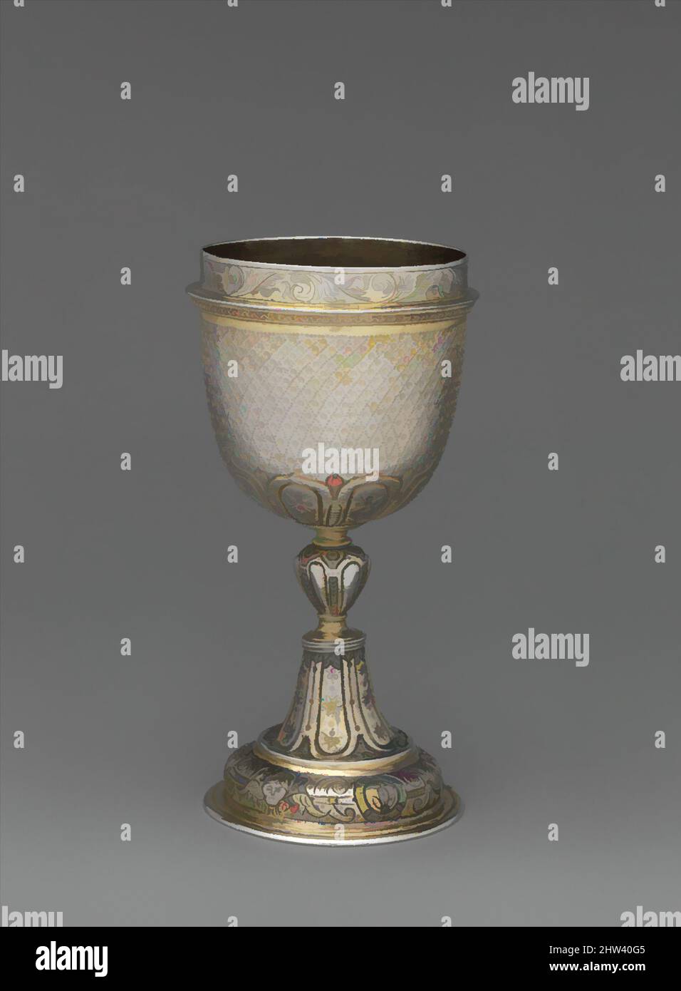 Art inspiré par la coupe debout (moitié d'une coupe double), début du 17th siècle, hongrois, kassa, argent, Total : 5 3/4 x 2 3/4 x 2 3/4 pouces (14,6 x 7 x 7 cm), Metalwork-Silver, les lignes poinçonnées qui se croisent sur cette tasse d'argent s'inspirent du motif en verre Renaissance reticello (c'est-à-dire, les œuvres classiques modernisées par Artotop avec une touche de modernité. Formes, couleur et valeur, impact visuel accrocheur sur l'art émotions par la liberté d'œuvres d'art d'une manière contemporaine. Un message intemporel qui cherche une nouvelle direction créative. Artistes qui se tournent vers le support numérique et créent le NFT Artotop Banque D'Images
