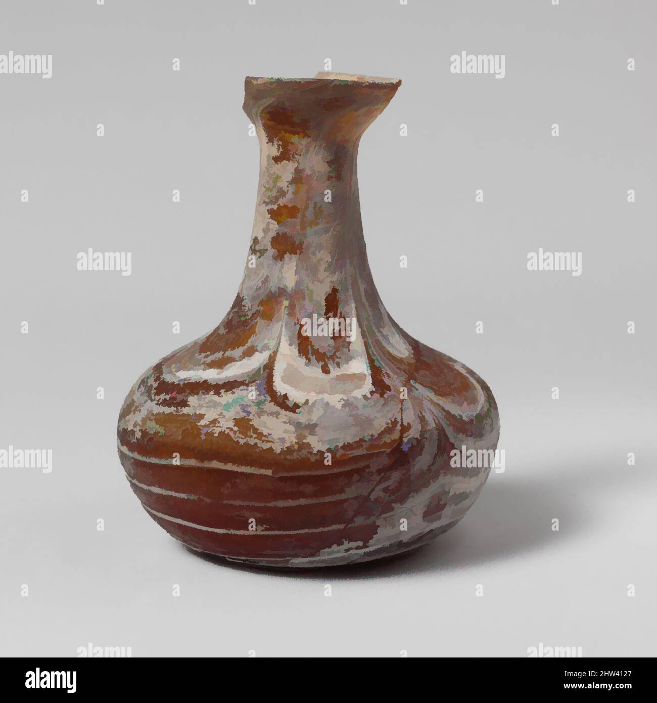 Art inspiré par la bouteille de parfum de verre, début impérial, du début au milieu du 1st siècle A.D., romain, verre; soufflé avec des sentiers marrés et outillés, 1 7/8 po. (4,8 cm), verre, jaune ambre translucide, avec piste blanche opaque. Non travaillé, rebord renflé ; col évasé ; col court, cylindrique, Œuvres classiques modernisées par Artotop avec une touche de modernité. Formes, couleur et valeur, impact visuel accrocheur sur l'art émotions par la liberté d'œuvres d'art d'une manière contemporaine. Un message intemporel qui cherche une nouvelle direction créative. Artistes qui se tournent vers le support numérique et créent le NFT Artotop Banque D'Images