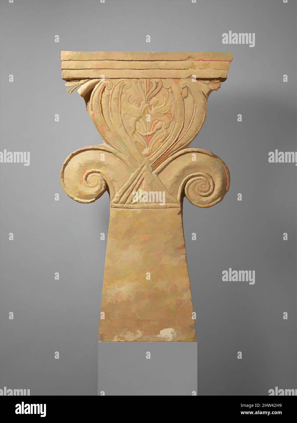 Art inspiré par la stèle funéraire Limestone (Shaft) avec une « capitale chypriote », classique, 5th siècle avant J.-C., chypriote, calcaire, Total: 54 x 32in. (137,1 x 81,3cm), Sculpture en pierre, arbres rectangulaires surmontés de capitales comme celle-ci ont été sculptés sur Chypre du septième au cinquième, oeuvres classiques modernisées par Artotop avec un peu de modernité. Formes, couleur et valeur, impact visuel accrocheur sur l'art émotions par la liberté d'œuvres d'art d'une manière contemporaine. Un message intemporel qui cherche une nouvelle direction créative. Artistes qui se tournent vers le support numérique et créent le NFT Artotop Banque D'Images