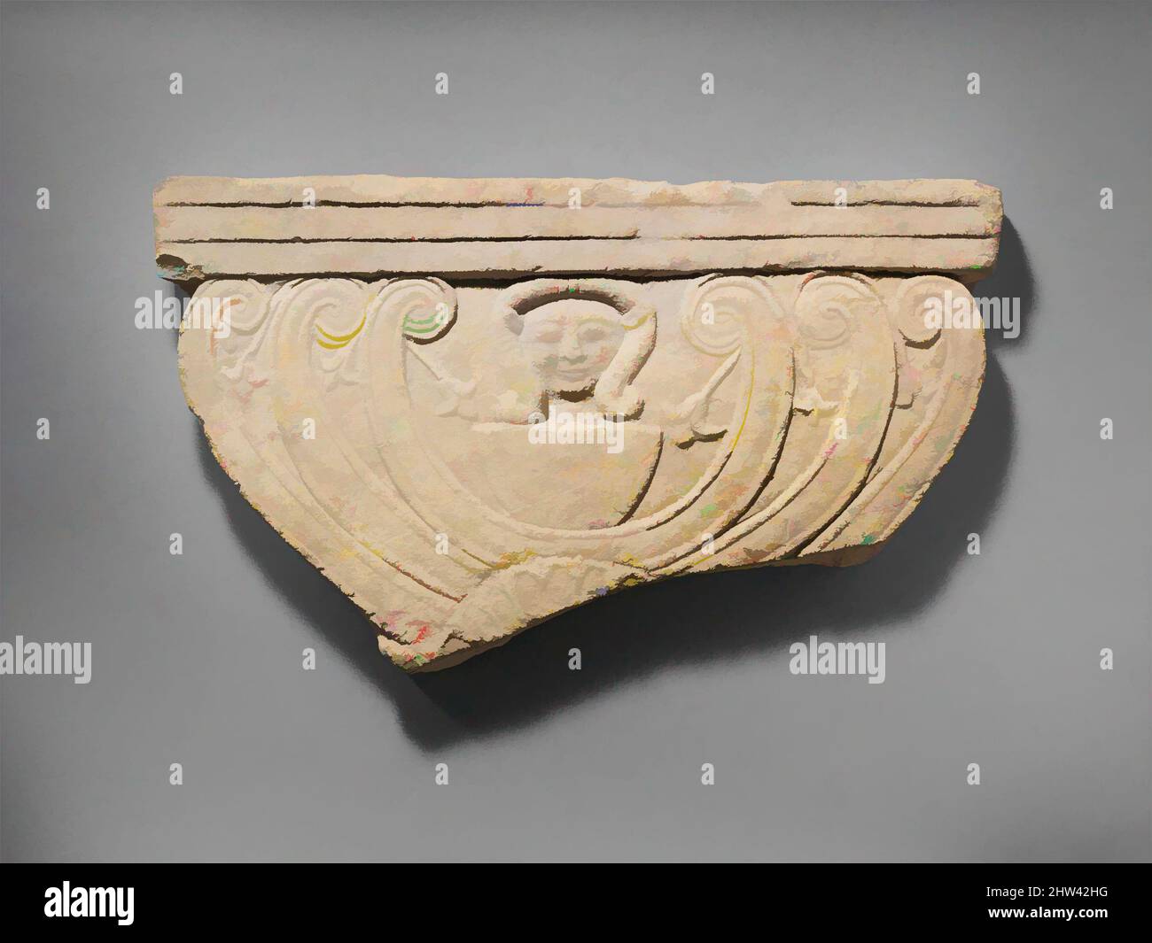 Art inspiré par Limestone finial d'un stèle funéraire avec volutes et la tête de Hathor, archaïque, deuxième ou troisième quart du 6th siècle avant J.-C., chypriote, Limestone, total: 18 x 31 x 2 1/2 po. (45,7 x 78,7 x 6,4 cm), Sculpture de pierre, Pierre tombale à tête de Hathor, arbre sacré et, oeuvres classiques modernisées par Artotop avec une touche de modernité. Formes, couleur et valeur, impact visuel accrocheur sur l'art émotions par la liberté d'œuvres d'art d'une manière contemporaine. Un message intemporel qui cherche une nouvelle direction créative. Artistes qui se tournent vers le support numérique et créent le NFT Artotop Banque D'Images