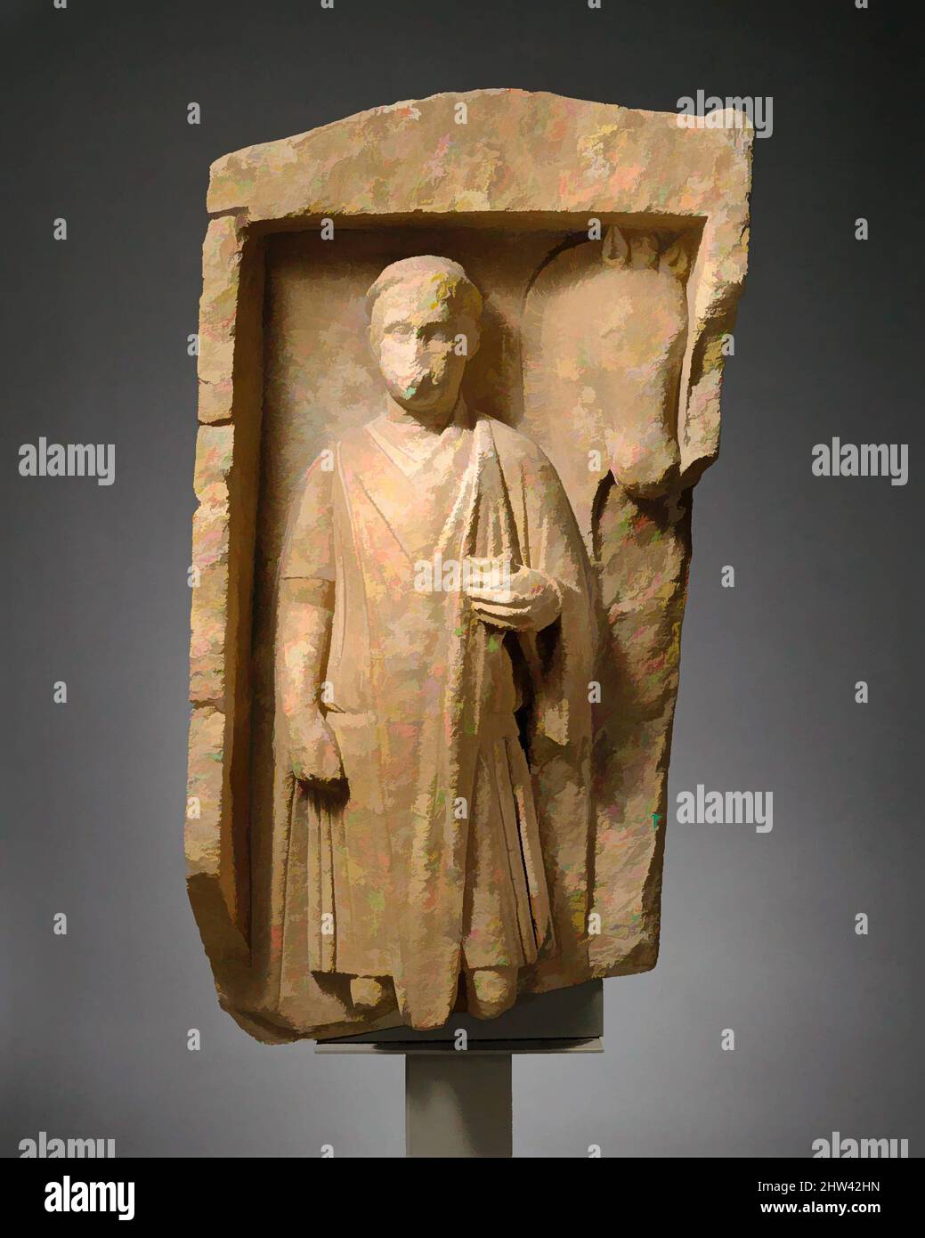 Art inspiré par Limestone monument funéraire d'un homme sans barbus, début impérial, début du 1st siècle A.D., romain, chypriote, calcaire, total: 51 x 30 po. (129,5 x 76,2 cm), Sculpture de pierre, le cadre architectural et la pose frontale des jeunes sont typiques d'un petit groupe de tombe, oeuvres classiques modernisées par Artotop avec un peu de modernité. Formes, couleur et valeur, impact visuel accrocheur sur l'art émotions par la liberté d'œuvres d'art d'une manière contemporaine. Un message intemporel qui cherche une nouvelle direction créative. Artistes qui se tournent vers le support numérique et créent le NFT Artotop Banque D'Images