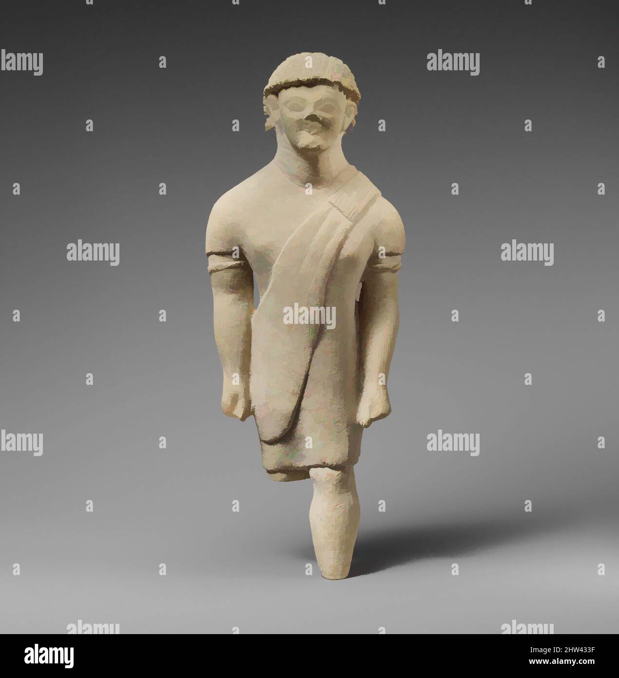 Art inspiré par la statuette Limestone d'un votaire mâle sans barbes en robe grecque, archaïque, fin du 6th siècle av. J.-C., chypriote, calcaire, total: 12 7/8 x 5 x 2 5/8 po. (32,7 x 12,7 x 6,7 cm), Sculpture de pierre, Homme figure avec les cheveux en boucles courtes, chiton et himation, oeuvres classiques modernisées par Artotop avec une touche de modernité. Formes, couleur et valeur, impact visuel accrocheur sur l'art émotions par la liberté d'œuvres d'art d'une manière contemporaine. Un message intemporel qui cherche une nouvelle direction créative. Artistes qui se tournent vers le support numérique et créent le NFT Artotop Banque D'Images