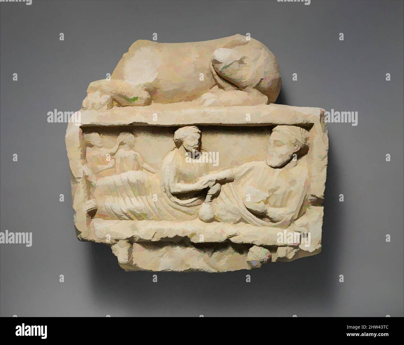 Art inspiré de la finale calcaire d'une stèle funéraire avec un lion allongé et une scène de banquet, classique, 5th–4th siècle avant J.-C., chypriote, calcaire, Total : 23 x 23 3/4 x 7 1/4 pouces (58,4 x 60,3 x 18,4 cm), Sculpture de pierre, Lion au-dessus; banquet avec deux hommes, deux enfants, oeuvres classiques modernisées par Artotop avec une touche de modernité. Formes, couleur et valeur, impact visuel accrocheur sur l'art émotions par la liberté d'œuvres d'art d'une manière contemporaine. Un message intemporel qui cherche une nouvelle direction créative. Artistes qui se tournent vers le support numérique et créent le NFT Artotop Banque D'Images