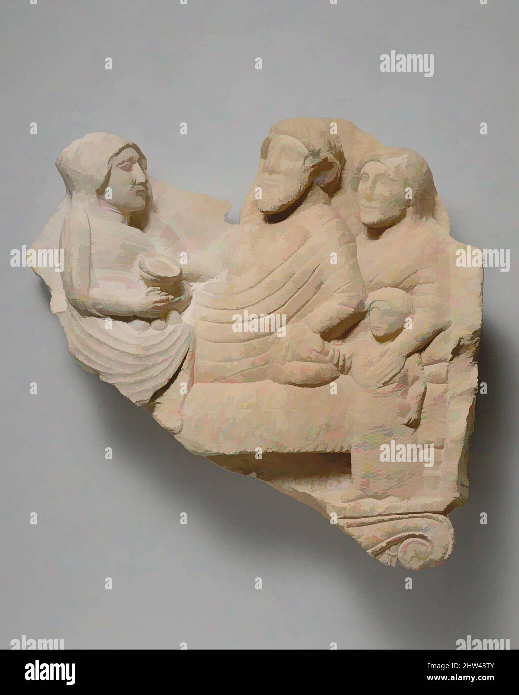 Art inspiré par fragment d'un relief calcaire grave avec une scène de banquet, classique, ca. 450–425 C.-B., Cypriote, calcaire, total : 21 x 24 1/2 x 6 1/4 po. (53,3 x 62,2 x 15,9 cm), Sculpture de pierre, scène de banquet avec un homme, deux femmes et un enfant, oeuvres classiques modernisées par Artotop avec une touche de modernité. Formes, couleur et valeur, impact visuel accrocheur sur l'art émotions par la liberté d'œuvres d'art d'une manière contemporaine. Un message intemporel qui cherche une nouvelle direction créative. Artistes qui se tournent vers le support numérique et créent le NFT Artotop Banque D'Images