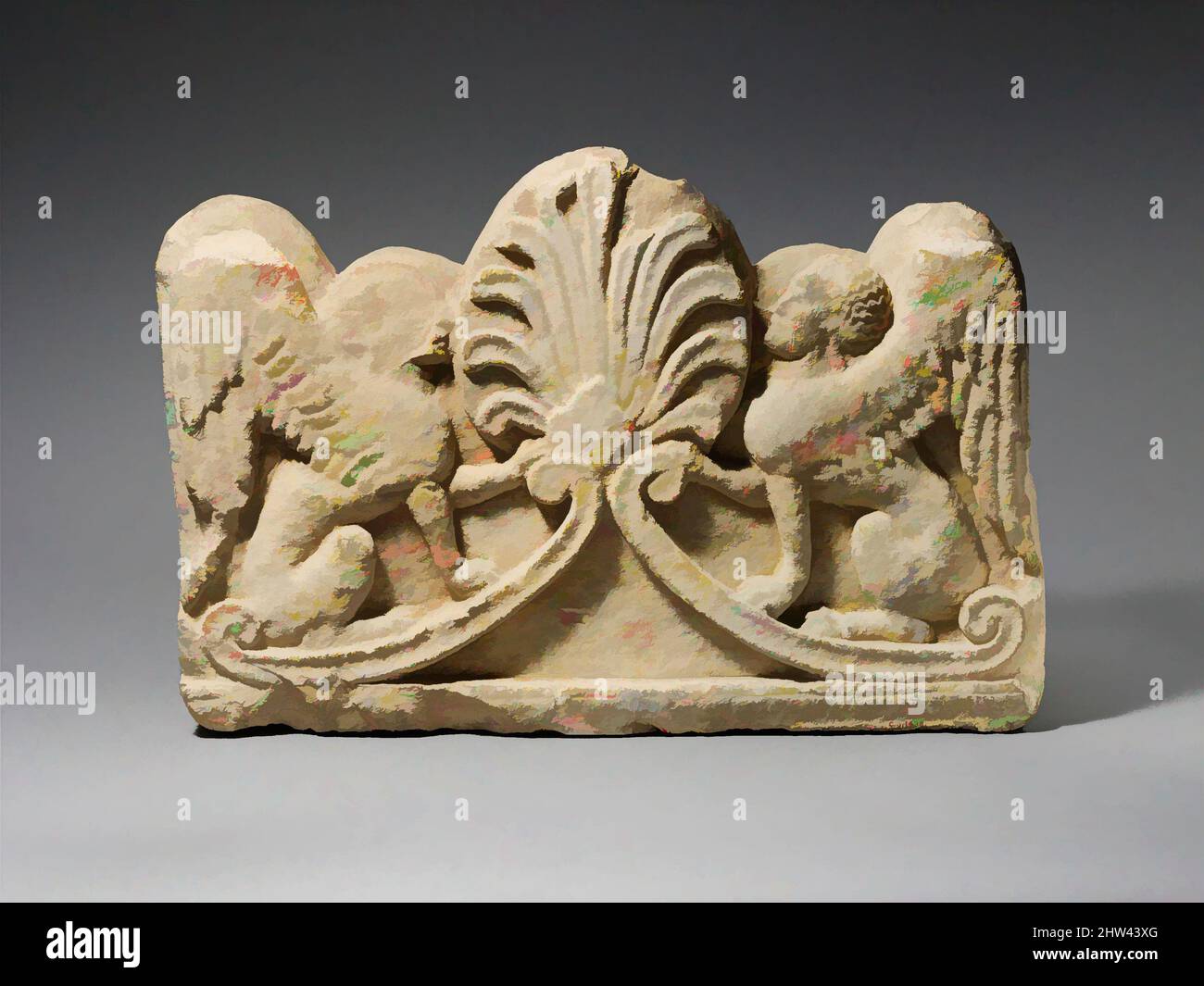 Art inspiré par Limestone grave relief avec deux sphinx, Cypro-classique, fin du 5th siècle avant J.-C., chypriote, calcaire, total: 18 1/2 x 27 x 8 1/2 po. (47 x 68,6 x 21,6 cm), Sculpture de pierre, le relief vient du sommet d'une stèle funéraire, sur laquelle les sphinx assis ont agi comme, oeuvres classiques modernisées par Artotop avec un peu de modernité. Formes, couleur et valeur, impact visuel accrocheur sur l'art émotions par la liberté d'œuvres d'art d'une manière contemporaine. Un message intemporel qui cherche une nouvelle direction créative. Artistes qui se tournent vers le support numérique et créent le NFT Artotop Banque D'Images