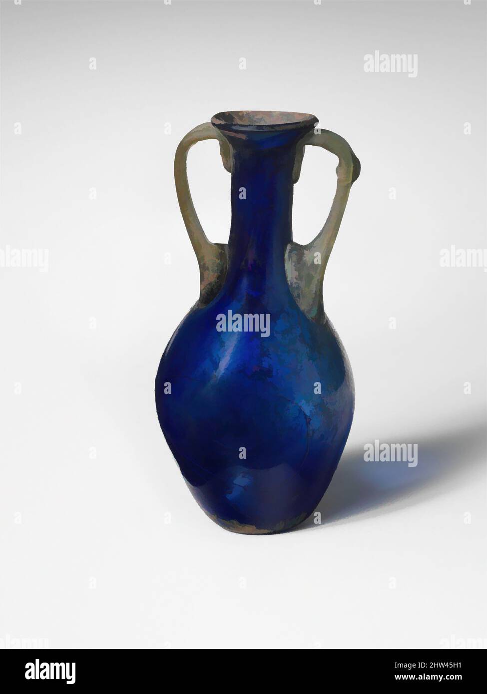 Art inspiré par le verre bouteille à deux manche (amphoriskos), ancienne Impériale, 1st Century A.D., Roman, verre; Soufflé, H. : 4 3/16 po (10,6 cm), verre, bleu cobalt translucide; poignées en vert bleu pâle translucide. Rebord évasé, avec rebord extérieur biseauté, col cylindrique, extensible, œuvres classiques modernisées par Artotop avec une touche de modernité. Formes, couleur et valeur, impact visuel accrocheur sur l'art émotions par la liberté d'œuvres d'art d'une manière contemporaine. Un message intemporel qui cherche une nouvelle direction créative. Artistes qui se tournent vers le support numérique et créent le NFT Artotop Banque D'Images