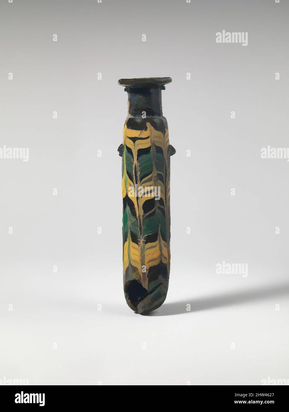 Art inspiré par le verre alabastron (flacon de parfum), hellénistique précoce, fin 4th–début 3rd siècle av. J.-C., grec, Méditerranée orientale, verre; forme centrale, Groupe II, H. : 4 7/8 pouces (12,4 cm), verre, Translucent vert pâle jaunâtre avec des rayures bleu foncé vert, avec des poignées de même couleur, les œuvres classiques modernisées par Artotop avec une touche de modernité. Formes, couleur et valeur, impact visuel accrocheur sur l'art émotions par la liberté d'œuvres d'art d'une manière contemporaine. Un message intemporel qui cherche une nouvelle direction créative. Artistes qui se tournent vers le support numérique et créent le NFT Artotop Banque D'Images