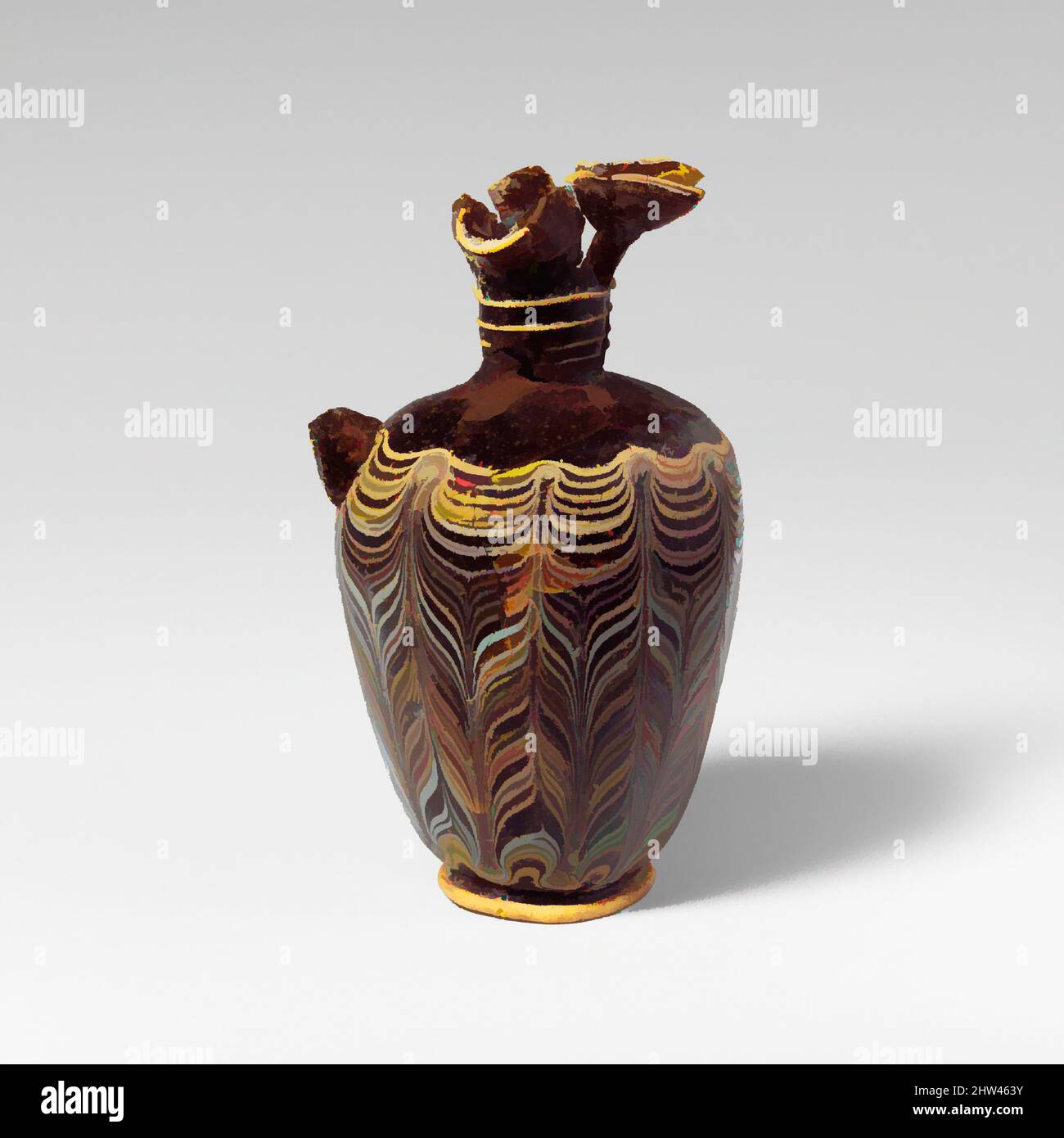 Art inspiré par le verre oinochoe (verseuse à parfum), ancien classique ou hellénistique, mi-4th–début du 3rd siècle av. J.-C., grec, Méditerranée orientale ou italien, verre; forme centrale, Groupe II, total: 4 13/16in. (12,2cm), verre, brun miel translucide, avec manche dans la même couleur; sentiers dans opaque, oeuvres classiques modernisées par Artotop avec une touche de modernité. Formes, couleur et valeur, impact visuel accrocheur sur l'art émotions par la liberté d'œuvres d'art d'une manière contemporaine. Un message intemporel qui cherche une nouvelle direction créative. Artistes qui se tournent vers le support numérique et créent le NFT Artotop Banque D'Images