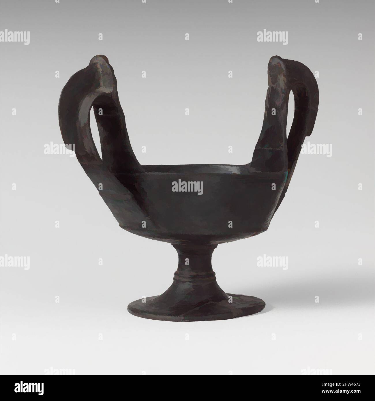 Art inspiré par des kantharos en terre cuite (coupe à manches hautes), archaïque, 6th siècle avant J.-C., étrusque, terre cuite, H. : 7 1/4 po (18,4 cm), vases, sur chaque manche, une figure en relief cette forme de kantharos est liée en forme au kyathos. Le kantharos est connu dans la poterie attique, les œuvres classiques modernisées par Artotop avec un peu de modernité. Formes, couleur et valeur, impact visuel accrocheur sur l'art émotions par la liberté d'œuvres d'art d'une manière contemporaine. Un message intemporel qui cherche une nouvelle direction créative. Artistes qui se tournent vers le support numérique et créent le NFT Artotop Banque D'Images