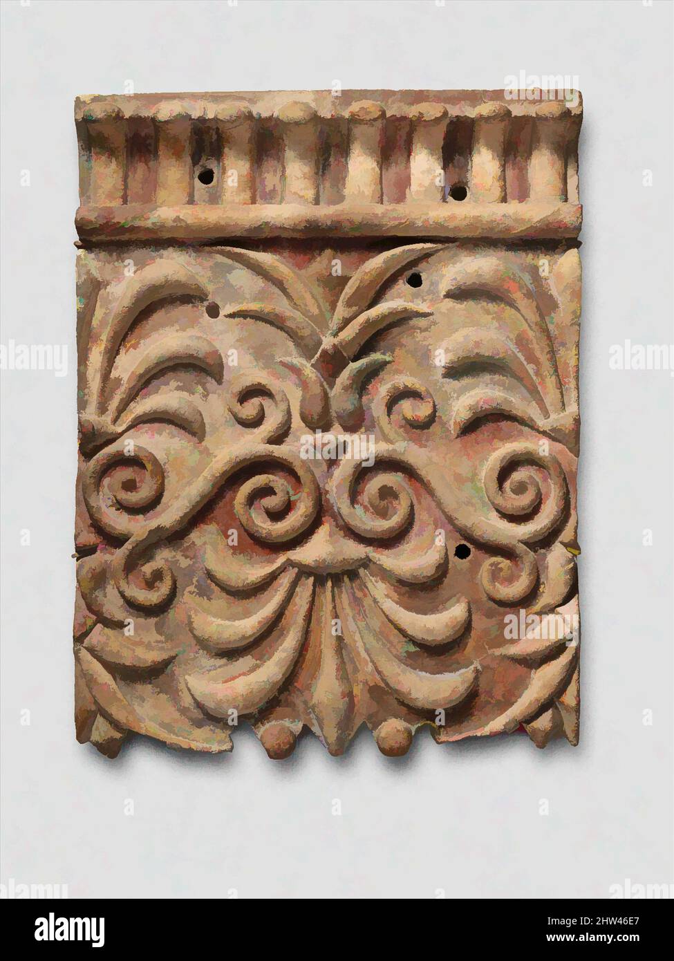 Art inspiré par la plaque architecturale en terre cuite avec des motifs lotus et Palmette, Hellenistic, fin du 4th siècle avant J.-C., étrusque, terre cuite, peinture, H.: 24 11/16 x 18 3/4 po. (62,7 x 47,6 cm), terracottas, dit être de Cerveteri les parties principales de la plupart des temples étrusques ont été faites de bois, les œuvres classiques modernisées par Artotop avec un peu de modernité. Formes, couleur et valeur, impact visuel accrocheur sur l'art émotions par la liberté d'œuvres d'art d'une manière contemporaine. Un message intemporel qui cherche une nouvelle direction créative. Artistes qui se tournent vers le support numérique et créent le NFT Artotop Banque D'Images