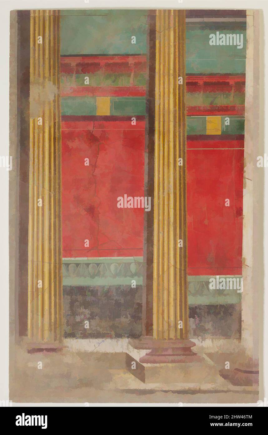 Art inspiré par la peinture murale de la salle F de la villa de P. Fannius Synisistor à Boscoreale, jusque tard républicain, ca. 50–40 C.-B., Roman, Fresco, H. 60-1/2' (153,7 cm.), peintures diverses, section de mur et de plancher avec double rangée de colonnes; de petite pièce près du tritrinium d'été, oeuvres classiques modernisées par Artotop avec une touche de modernité. Formes, couleur et valeur, impact visuel accrocheur sur l'art émotions par la liberté d'œuvres d'art d'une manière contemporaine. Un message intemporel qui cherche une nouvelle direction créative. Artistes qui se tournent vers le support numérique et créent le NFT Artotop Banque D'Images