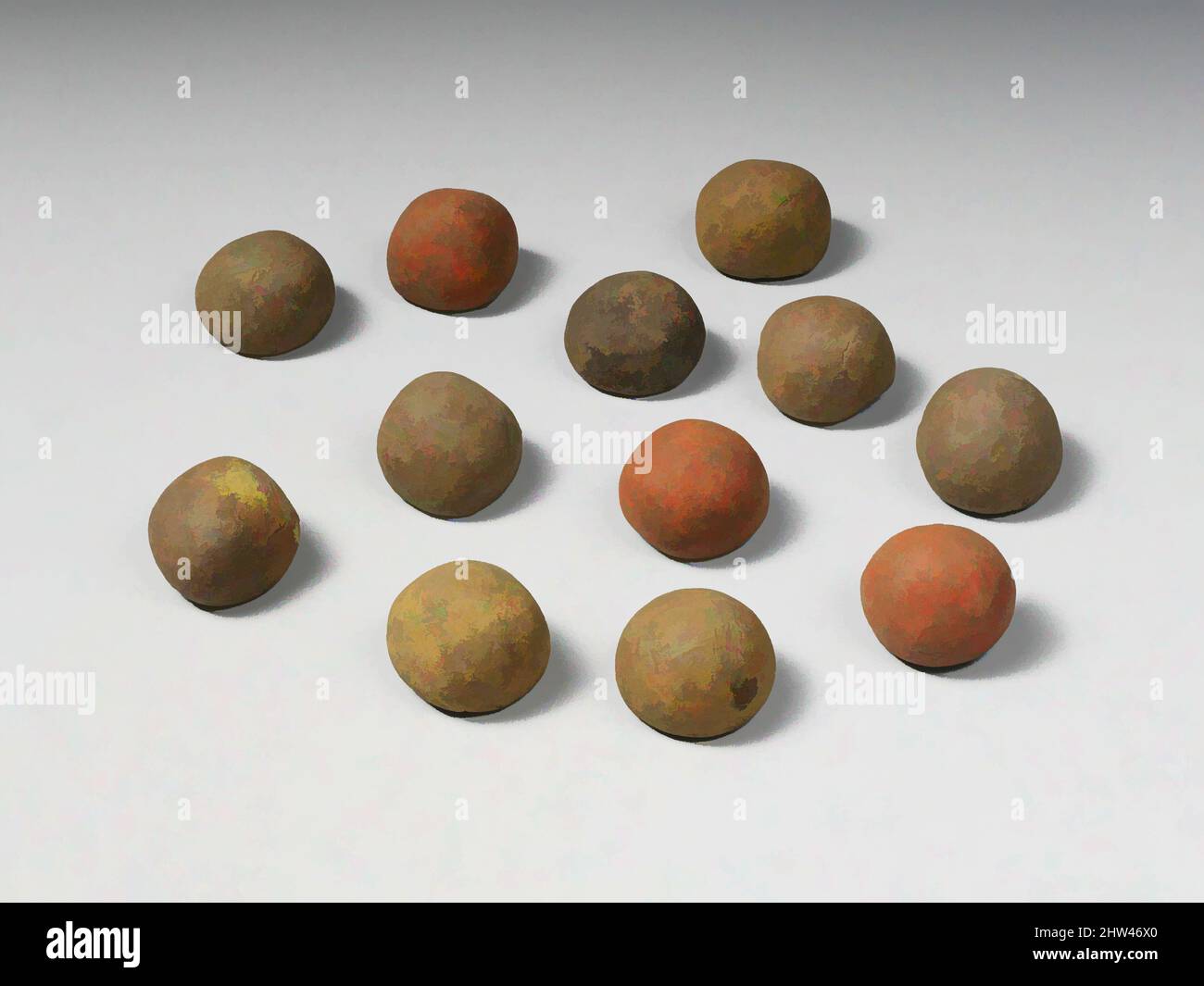 Art inspiré par un ensemble de douze boules de terre cuite rouge, ancien classique ou hellénistique, fin 4th ou début 3rd siècle avant J.-C., étrusque, terre cuite, plus grand diamètre 1 po. (2,5 cm), terracottas, ces boules de terre cuite peuvent être des jetons de jeu. Basé sur seulement quelques représentations de personnes assises à, les œuvres classiques modernisées par Artotop avec un peu de modernité. Formes, couleur et valeur, impact visuel accrocheur sur l'art émotions par la liberté d'œuvres d'art d'une manière contemporaine. Un message intemporel qui cherche une nouvelle direction créative. Artistes qui se tournent vers le support numérique et créent le NFT Artotop Banque D'Images