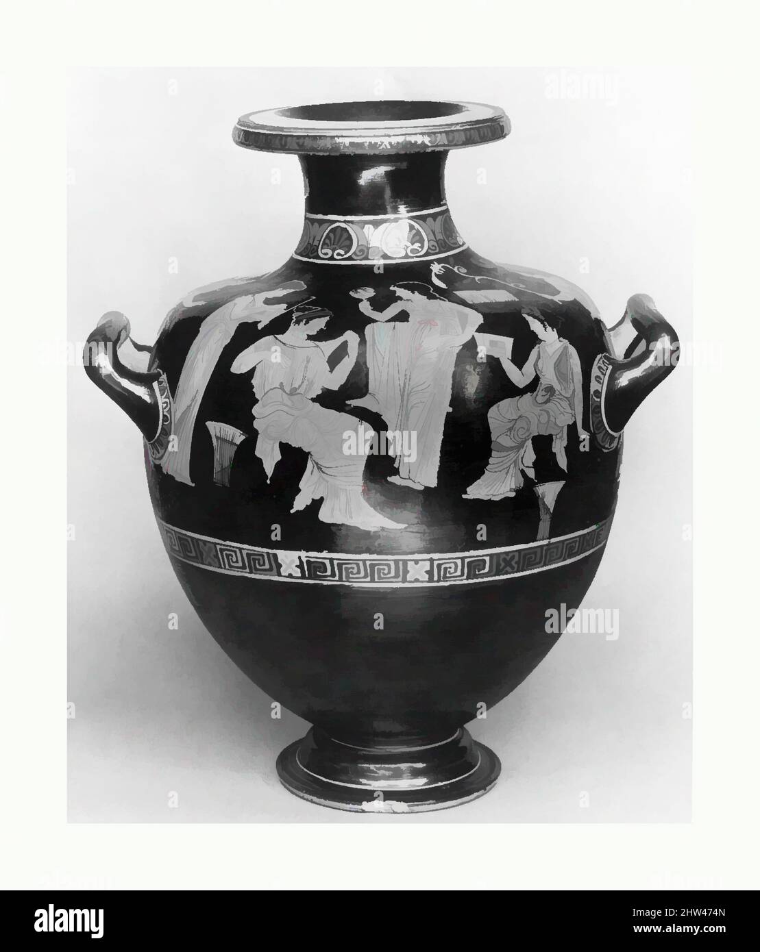 Art inspiré par l'hydrie de terre cuite: Kalpis (vase d'eau), classique, ca. 420–410 C.-B., grec, Attique, terre cuite ; figure rouge, H. : 17 x 12 3/16 po (43,2 x 31 cm), vases, femmes à l'extérieur. Le cadre est indiqué par le terrain inégal et les sages de la vie végétale se grandissant autour des figures, les œuvres classiques modernisées par Artotop avec un peu de modernité. Formes, couleur et valeur, impact visuel accrocheur sur l'art émotions par la liberté d'œuvres d'art d'une manière contemporaine. Un message intemporel qui cherche une nouvelle direction créative. Artistes qui se tournent vers le support numérique et créent le NFT Artotop Banque D'Images