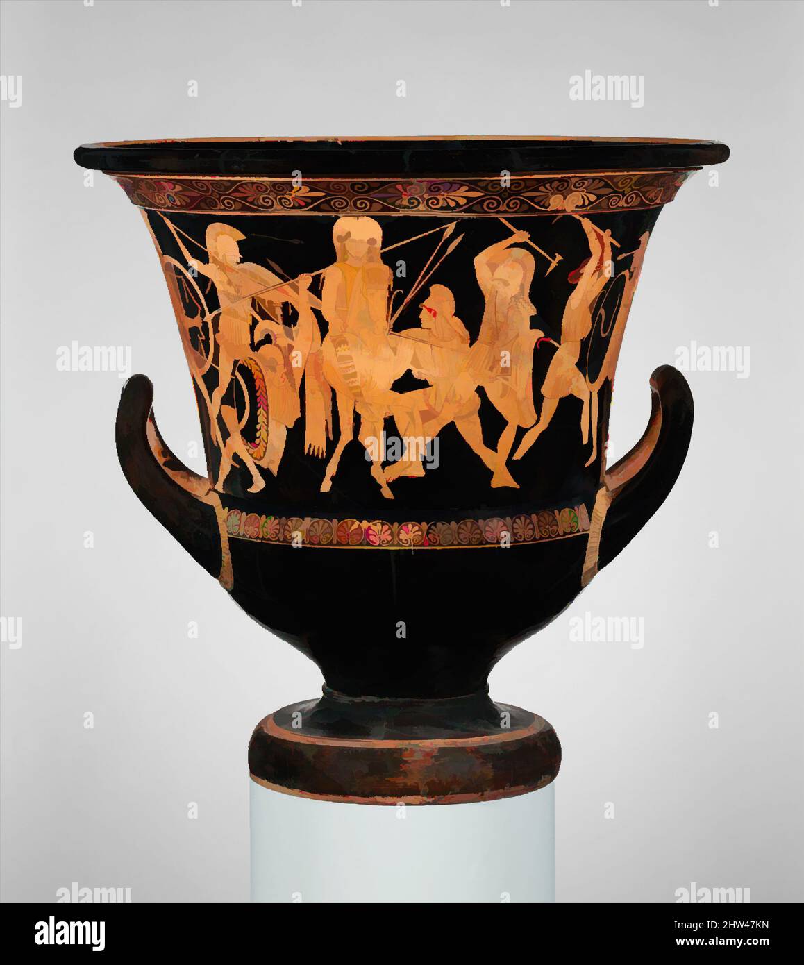 Art inspiré par la terre cuite calice-krâter (bol pour mélanger le vin et l'eau), classique, ca. 460–450 C.-B., grec, Attique, terre cuite ; figure rouge, H. 21 15/16 po (55,8 cm), vases, Obverse et inverse, Amazonie (bataille entre Grecs et Amazones). Le nombre de figures et la complexité, les œuvres classiques modernisées par Artotop avec un peu de modernité. Formes, couleur et valeur, impact visuel accrocheur sur l'art émotions par la liberté d'œuvres d'art d'une manière contemporaine. Un message intemporel qui cherche une nouvelle direction créative. Artistes qui se tournent vers le support numérique et créent le NFT Artotop Banque D'Images