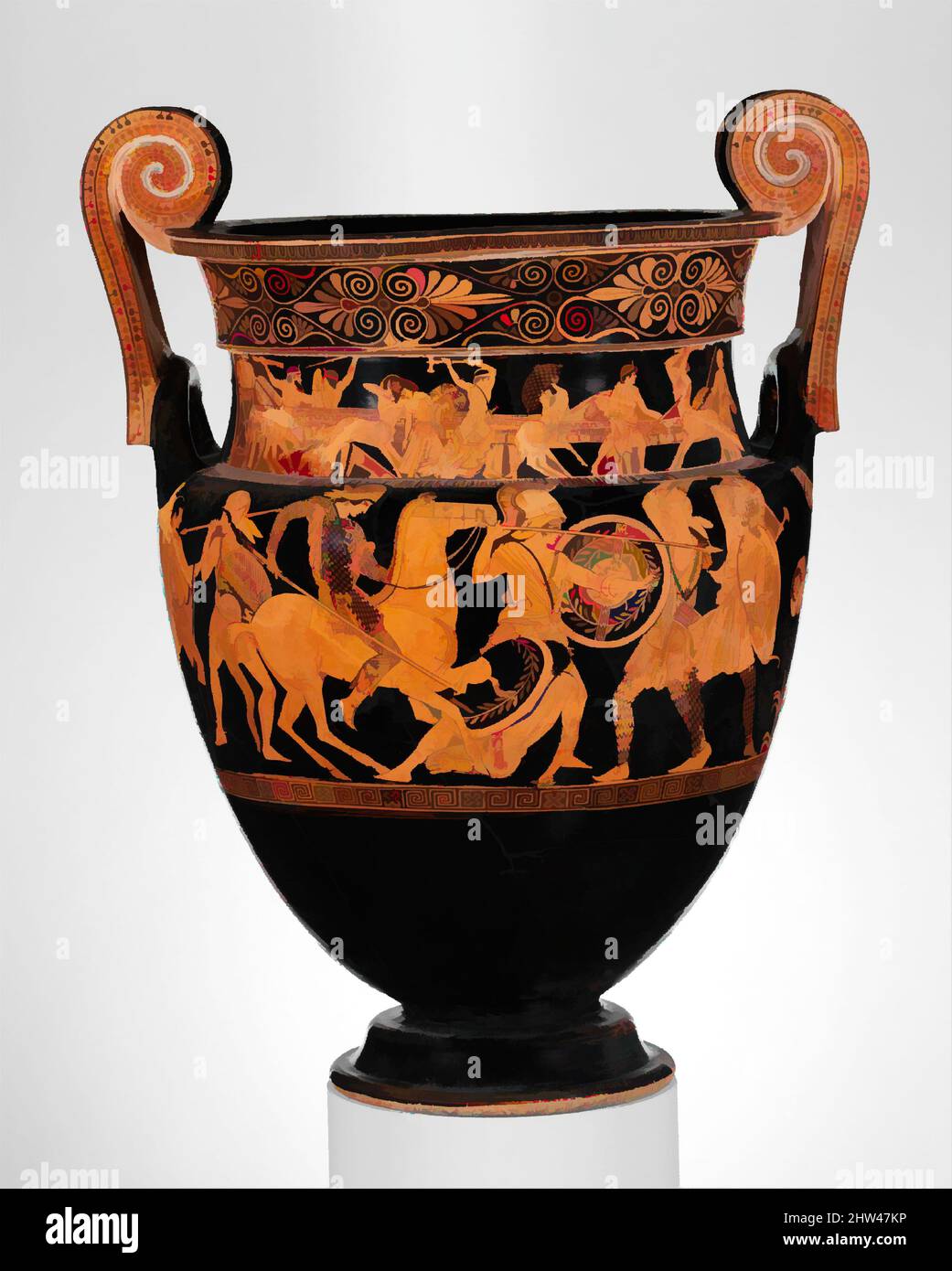 Art inspiré par la terre cuite volute-krater (bol pour mélanger le vin et l'eau), classique, ca. 450 av. J.-C., grec, Attique, terre cuite ; figure rouge, H. 25 po (63,5 cm), vases, sur le cou, vers l'arrière, bataille des centaures et des Lapiths; vers l'arrière, jeunes et femmes, autour du corps, Amazonie (bataille, Œuvres classiques modernisées par Artotop avec une touche de modernité. Formes, couleur et valeur, impact visuel accrocheur sur l'art émotions par la liberté d'œuvres d'art d'une manière contemporaine. Un message intemporel qui cherche une nouvelle direction créative. Artistes qui se tournent vers le support numérique et créent le NFT Artotop Banque D'Images