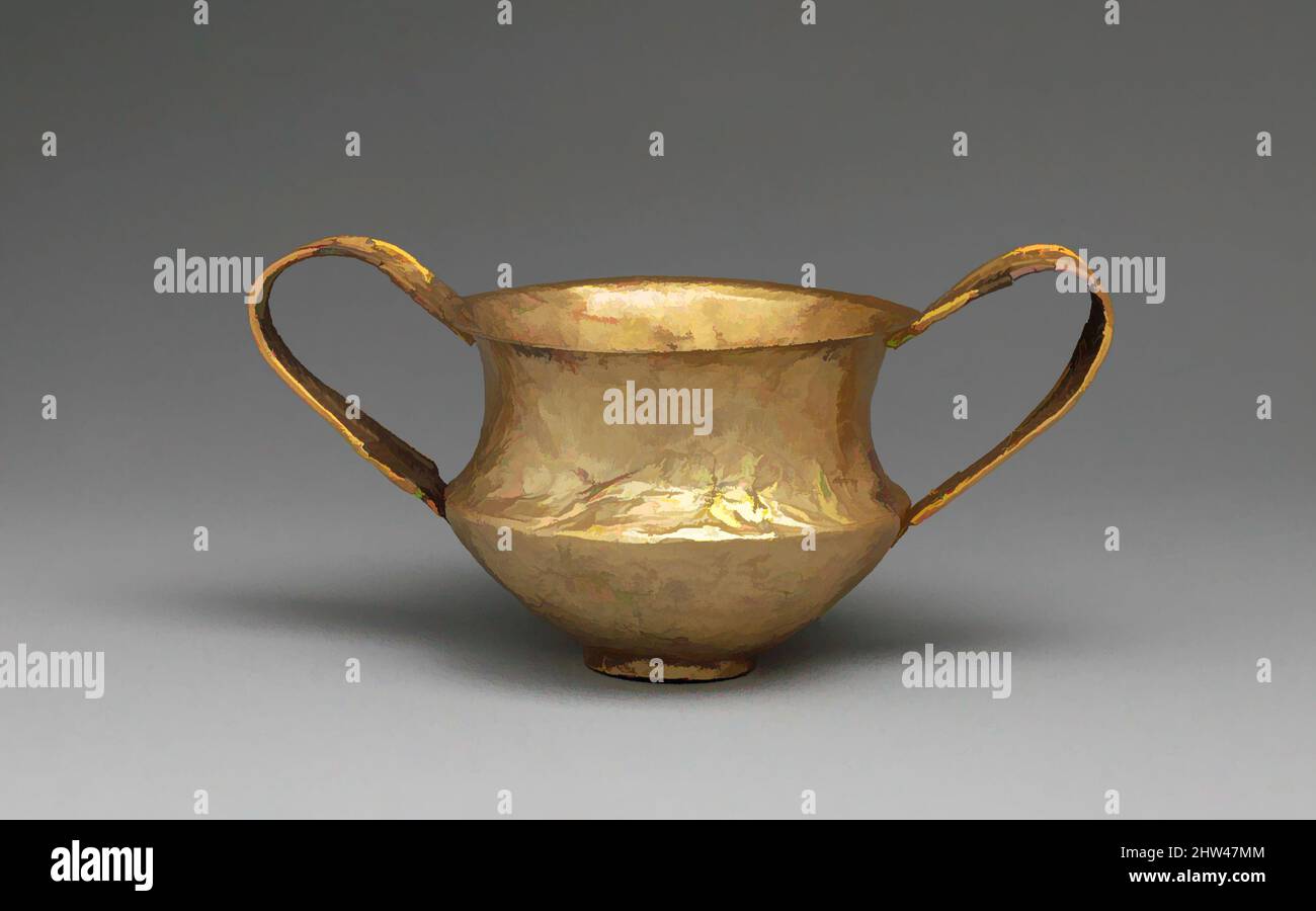Art inspiré par Gold kantharos (gobelet avec deux poignées verticales), fin Helladic I, ca. 1550–1500 C.-B., Helladic, Mycenaéan, Or, total : 3 1/8 x 6 5/8 x 3 1/2 po. (7,9 x 16,8 x 8,9 cm), Or et argent, les kantharos, l'une des plus anciennes formes de vase grec, est d'abord devenue, oeuvres classiques modernisées par Artotop avec une touche de modernité. Formes, couleur et valeur, impact visuel accrocheur sur l'art émotions par la liberté d'œuvres d'art d'une manière contemporaine. Un message intemporel qui cherche une nouvelle direction créative. Artistes qui se tournent vers le support numérique et créent le NFT Artotop Banque D'Images