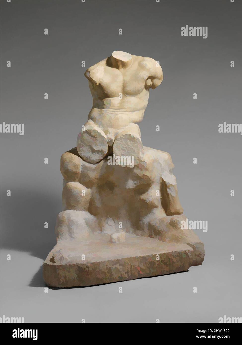 Art inspiré par la statue en marbre d'Hérakles assise sur un rocher, impérial, 1st ou 2nd siècle A.D., romain, marbre, total H. 49 3/4 po. (126,4 cm), Sculpture de pierre, adaptation d'une statue grecque de la fin de 4th ou du début de 3rd siècle avant J.-C.. Le grand héros a été montré reposant sur un rocher avec ses œuvres classiques modernisées par Artotop avec une touche de modernité. Formes, couleur et valeur, impact visuel accrocheur sur l'art émotions par la liberté d'œuvres d'art d'une manière contemporaine. Un message intemporel qui cherche une nouvelle direction créative. Artistes qui se tournent vers le support numérique et créent le NFT Artotop Banque D'Images
