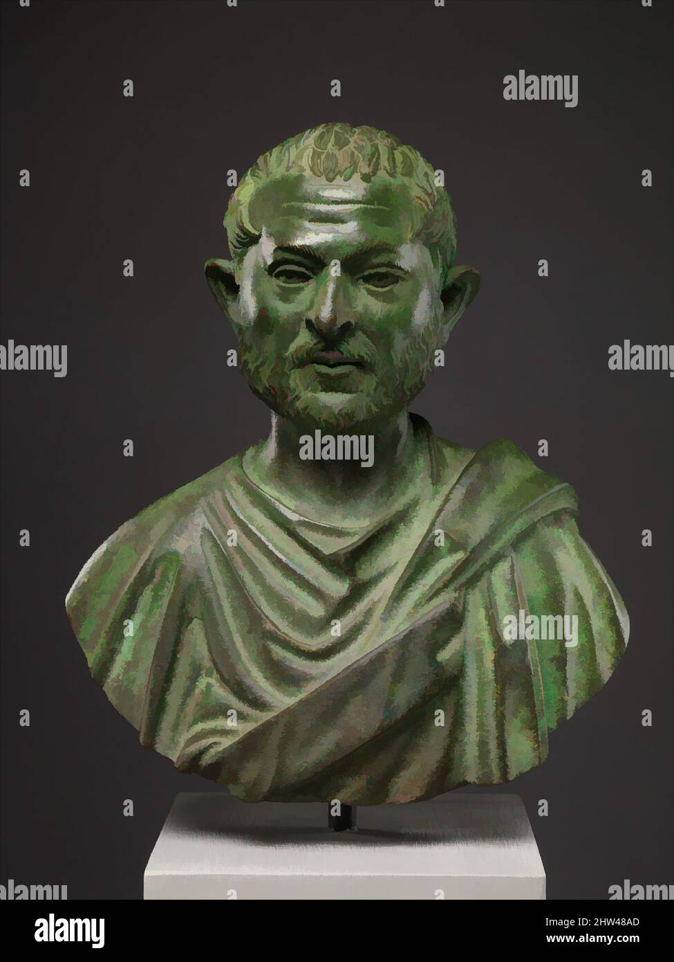 Art inspiré par le bronze portrait buste d'un homme, fin Impérial, 1st moitié du 3rd siècle A.D., romain, Bronze, H. 8 3/4 in. (22,2 cm), bronzes, l'homme est montré avec la barbe et les cheveux courts typiques du troisième siècle A.D. de même, son tota a le large pli à travers, les œuvres classiques modernisées par Artotop avec un peu de modernité. Formes, couleur et valeur, impact visuel accrocheur sur l'art émotions par la liberté d'œuvres d'art d'une manière contemporaine. Un message intemporel qui cherche une nouvelle direction créative. Artistes qui se tournent vers le support numérique et créent le NFT Artotop Banque D'Images