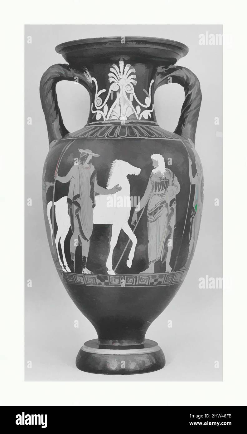 Art inspiré par la terre cuite cou-amphora (bocal) avec poignées torsadées, classique, ca. 400 av. J.-C., grec, Attique, terre cuite ; figure rouge, H. 13 3/4 po (34,9 cm), vases, Obverset, départ des jeunes, Marche arrière, scène de libation. Le nom de Suessula Peintre provient d'un site en Campanie, dans le sud, des œuvres classiques modernisées par Artotop avec un peu de modernité. Formes, couleur et valeur, impact visuel accrocheur sur l'art émotions par la liberté d'œuvres d'art d'une manière contemporaine. Un message intemporel qui cherche une nouvelle direction créative. Artistes qui se tournent vers le support numérique et créent le NFT Artotop Banque D'Images