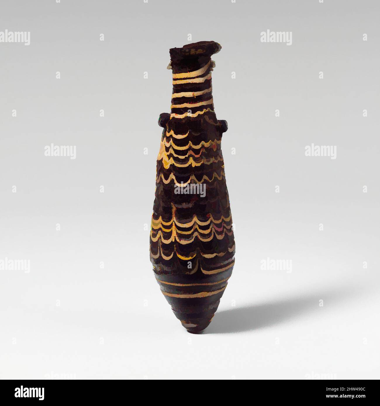 Art inspiré par le verre alabastron (flacon de parfum), hellénistique, 2nd–mi-1st siècle av. J.-C., grec, Méditerranée orientale, verre ; forme centrale, Groupe III, H. : 5 1/16 po (12,8 cm), verre, violet foncé translucide, avec des stries plus claires et rougeâtres; Poignées bleu foncé translucide; sentiers dans, œuvres classiques modernisées par Artotop avec une touche de modernité. Formes, couleur et valeur, impact visuel accrocheur sur l'art émotions par la liberté d'œuvres d'art d'une manière contemporaine. Un message intemporel qui cherche une nouvelle direction créative. Artistes qui se tournent vers le support numérique et créent le NFT Artotop Banque D'Images