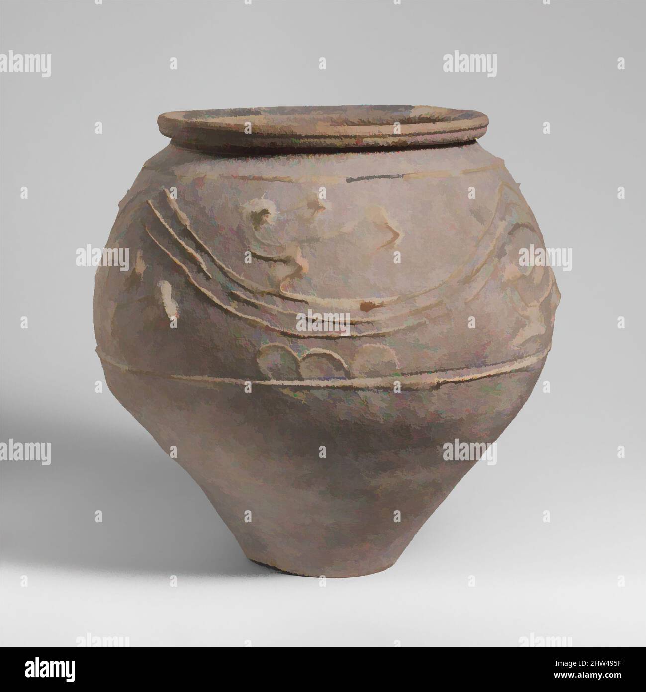 Art inspiré par un pot en terre cuite avec décoration barbotine, 2nd–3rd Century A.D., romain, terre cuite, H. 9 11/16 po. (24,5 cm), vases, urne grise rugueuse avec feuilles barbotine et décoration de ligne sur l'épaule, œuvres classiques modernisées par Artotop avec une touche de modernité. Formes, couleur et valeur, impact visuel accrocheur sur l'art émotions par la liberté d'œuvres d'art d'une manière contemporaine. Un message intemporel qui cherche une nouvelle direction créative. Artistes qui se tournent vers le support numérique et créent le NFT Artotop Banque D'Images