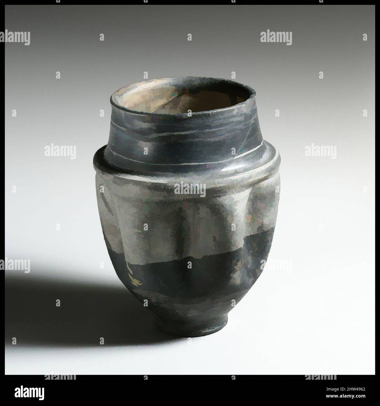 Art inspiré par le bécher en terre cuite, fin de l'Impérial, mi-2nd–début du 3rd siècle A.D., bécher romain en terre cuite, probablement fabriqué à Trèves; quincaillerie pour glisseur noir gaulâtre, H. 7 1/2 po. (19,1 cm) ; diamètre 5 3/4 po. (14,6 cm), vases, navires similaires, connu sous le nom de Moselkeramik, oeuvres classiques modernisées par Artotop avec une touche de modernité. Formes, couleur et valeur, impact visuel accrocheur sur l'art émotions par la liberté d'œuvres d'art d'une manière contemporaine. Un message intemporel qui cherche une nouvelle direction créative. Artistes qui se tournent vers le support numérique et créent le NFT Artotop Banque D'Images