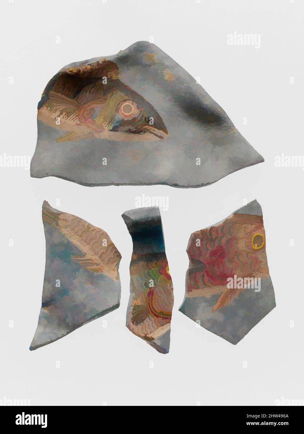 Art inspiré par des fragments de verre de bol décoré de poisson en mosaïque, impérial, 1st–3rd siècle A.D., romain, verre; Moulé, hors tout (a) : 1 3/4 x 1 3/16 po. (4,4 x 3 cm), verre, les fragments représentent des poissons de vie nageant dans une rivière, un lac ou une piscine, indiquée par le fond en verre bleu, œuvres classiques modernisées par Artotop avec une touche de modernité. Formes, couleur et valeur, impact visuel accrocheur sur l'art émotions par la liberté d'œuvres d'art d'une manière contemporaine. Un message intemporel qui cherche une nouvelle direction créative. Artistes qui se tournent vers le support numérique et créent le NFT Artotop Banque D'Images