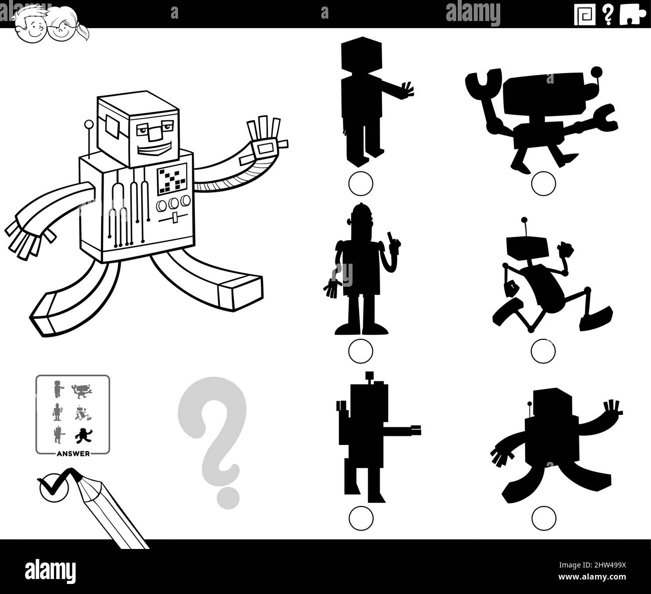 Dessin animé noir et blanc illustration de trouver la bonne image à l'ombre  jeu éducatif pour les enfants avec des robots personnages coloriage livre  pag Image Vectorielle Stock - Alamy