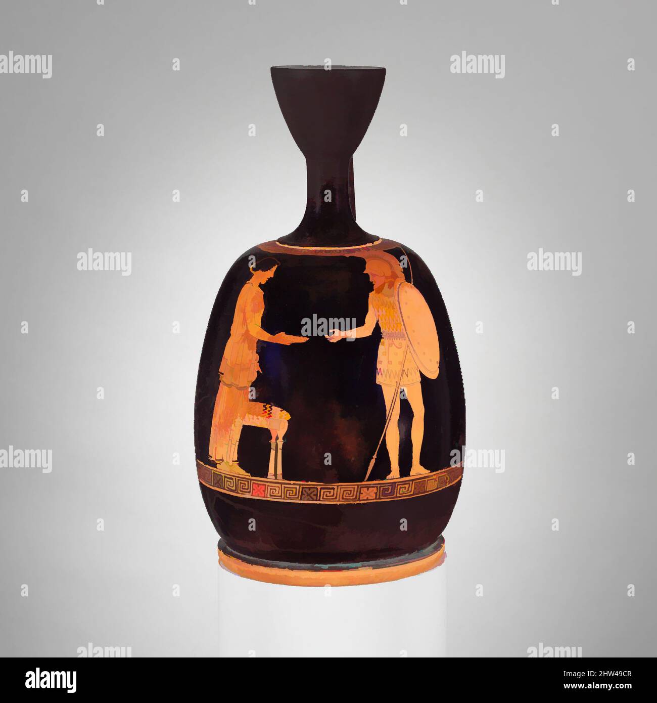 Art inspiré de la terre cuite squat lekythos (ballon à huile), classique, env. 440 av. J.-C., grec, Attique, terre cuite ; figure rouge, H. 9 5/8 po (24,5 cm), vases, Warrior partant. Le squat lekythos est devenu une forme significative favorisée par les meilleurs peintres attiques de la deuxième moitié de la cinquième, les œuvres classiques modernisées par Artotop avec un peu de modernité. Formes, couleur et valeur, impact visuel accrocheur sur l'art émotions par la liberté d'œuvres d'art d'une manière contemporaine. Un message intemporel qui cherche une nouvelle direction créative. Artistes qui se tournent vers le support numérique et créent le NFT Artotop Banque D'Images