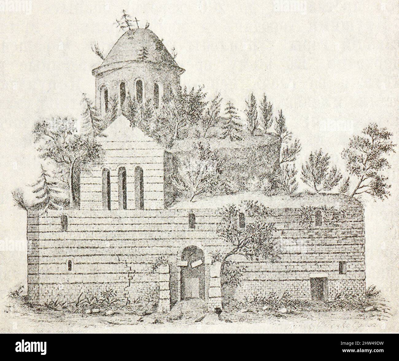 Vue sur l'ancien temple de Pitsunda en 1837. Gravure du 1830s. Banque D'Images