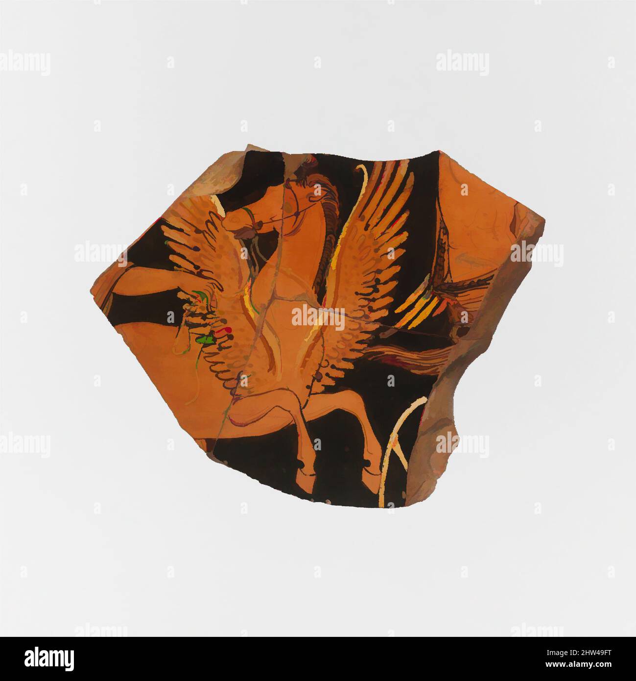 Art inspiré par fragment d'un cratère en terre cuite (bol pour mélanger le vin et l'eau), classique tardif, mi-4th siècle av. J.-C., grec, italien du Sud, Apulian, terre cuite; figure rouge, total: 4 7/16 x 5 9/16in. (11,2 x 14,1cm), vases, partie avant de Pegasus. Ce fragment, et un autre dans, oeuvres classiques modernisées par Artotop avec un peu de modernité. Formes, couleur et valeur, impact visuel accrocheur sur l'art émotions par la liberté d'œuvres d'art d'une manière contemporaine. Un message intemporel qui cherche une nouvelle direction créative. Artistes qui se tournent vers le support numérique et créent le NFT Artotop Banque D'Images