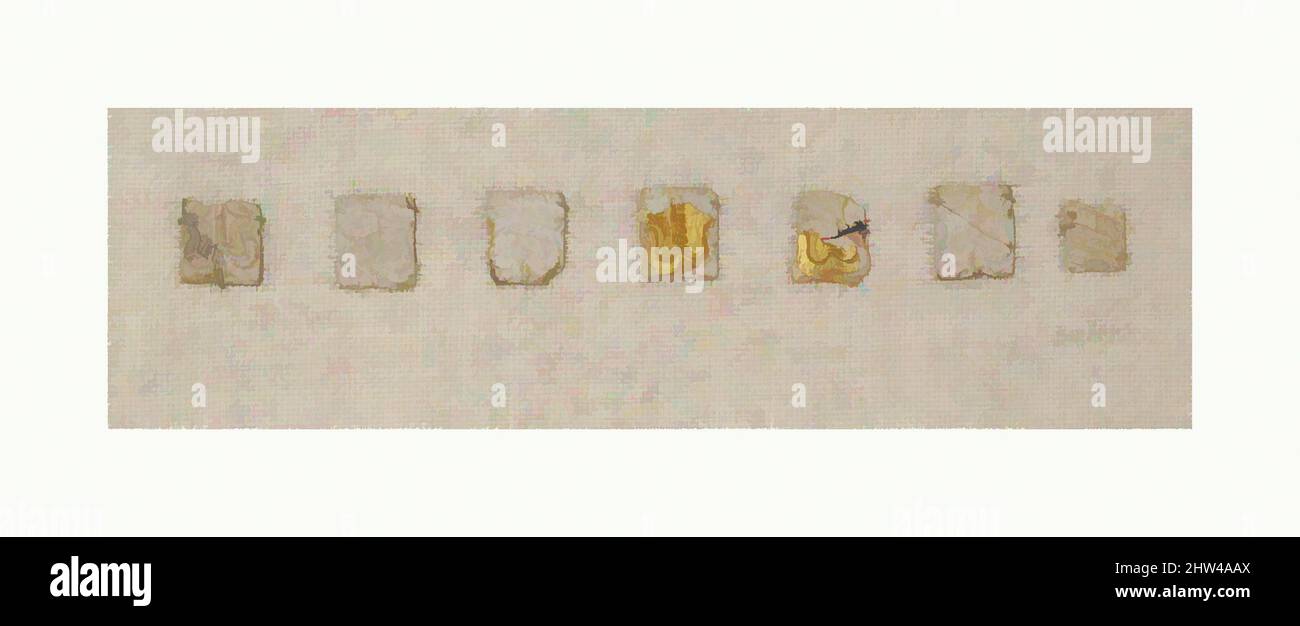 Art inspiré par des ornements en verre avec revêtement en feuilles d'or, fin de Hellade III, ca. 1370–1200 C.-B., Helladic, Mycenaéan, verre; pressé par moule, H. (hauteur moyenne) : 1/2 po (1,3 cm), verre, ensemble de six ornements assortis, tous faits dans les mêmes moules ou très similaires., semi-translucide bleu., carré, oeuvres classiques modernisées par Artotop avec une touche de modernité. Formes, couleur et valeur, impact visuel accrocheur sur l'art émotions par la liberté d'œuvres d'art d'une manière contemporaine. Un message intemporel qui cherche une nouvelle direction créative. Artistes qui se tournent vers le support numérique et créent le NFT Artotop Banque D'Images