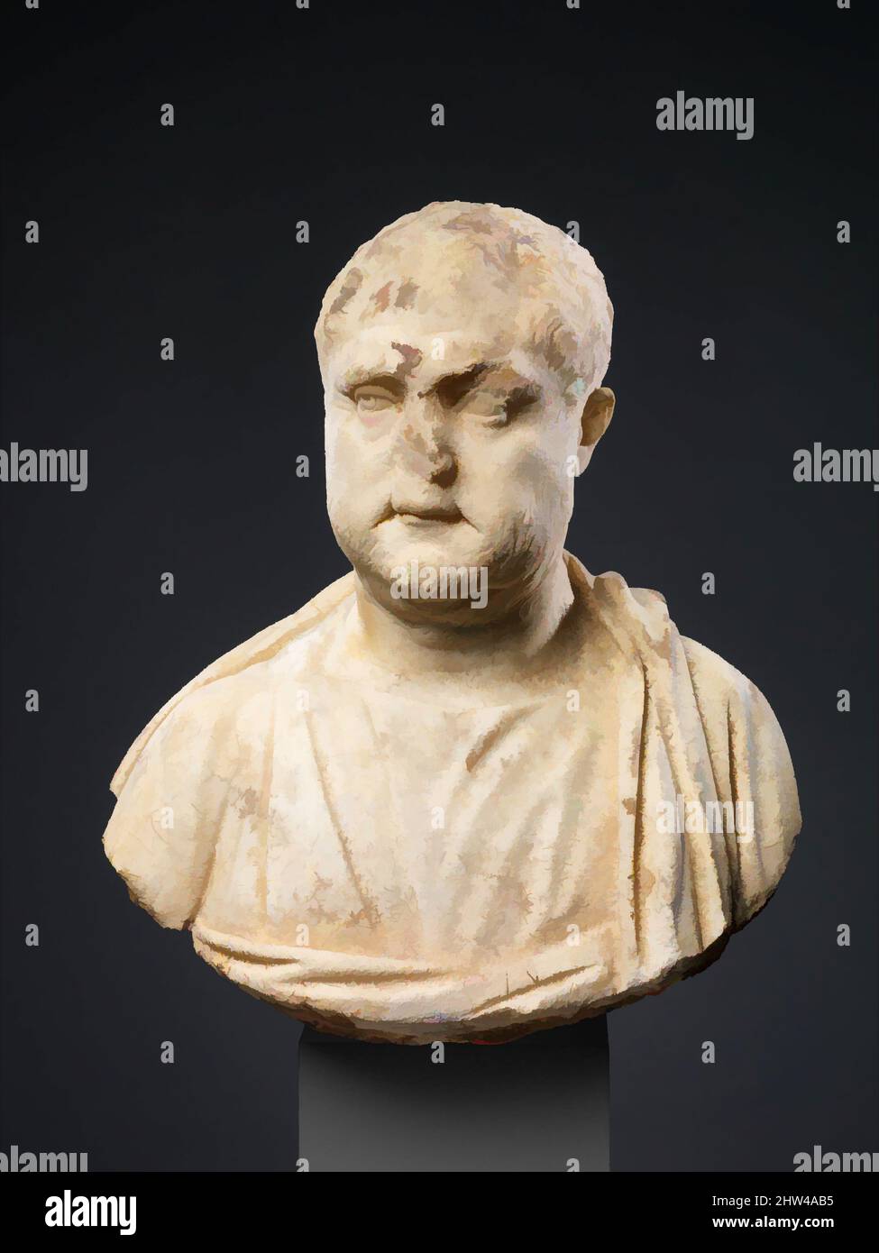 Art inspiré par le buste en marbre d'un homme, fin Impérial, mi-3rd siècle A.D., romain, marbre, H. 10 1/4 po (26 cm), Sculpture de pierre, l'alerte, regard asymétrique, yeux profondément forés, Et les cheveux pleins de cette figure imposante suggèrent que le buste date du règne de l'empereur, les œuvres classiques modernisées par Artotop avec une touche de modernité. Formes, couleur et valeur, impact visuel accrocheur sur l'art émotions par la liberté d'œuvres d'art d'une manière contemporaine. Un message intemporel qui cherche une nouvelle direction créative. Artistes qui se tournent vers le support numérique et créent le NFT Artotop Banque D'Images