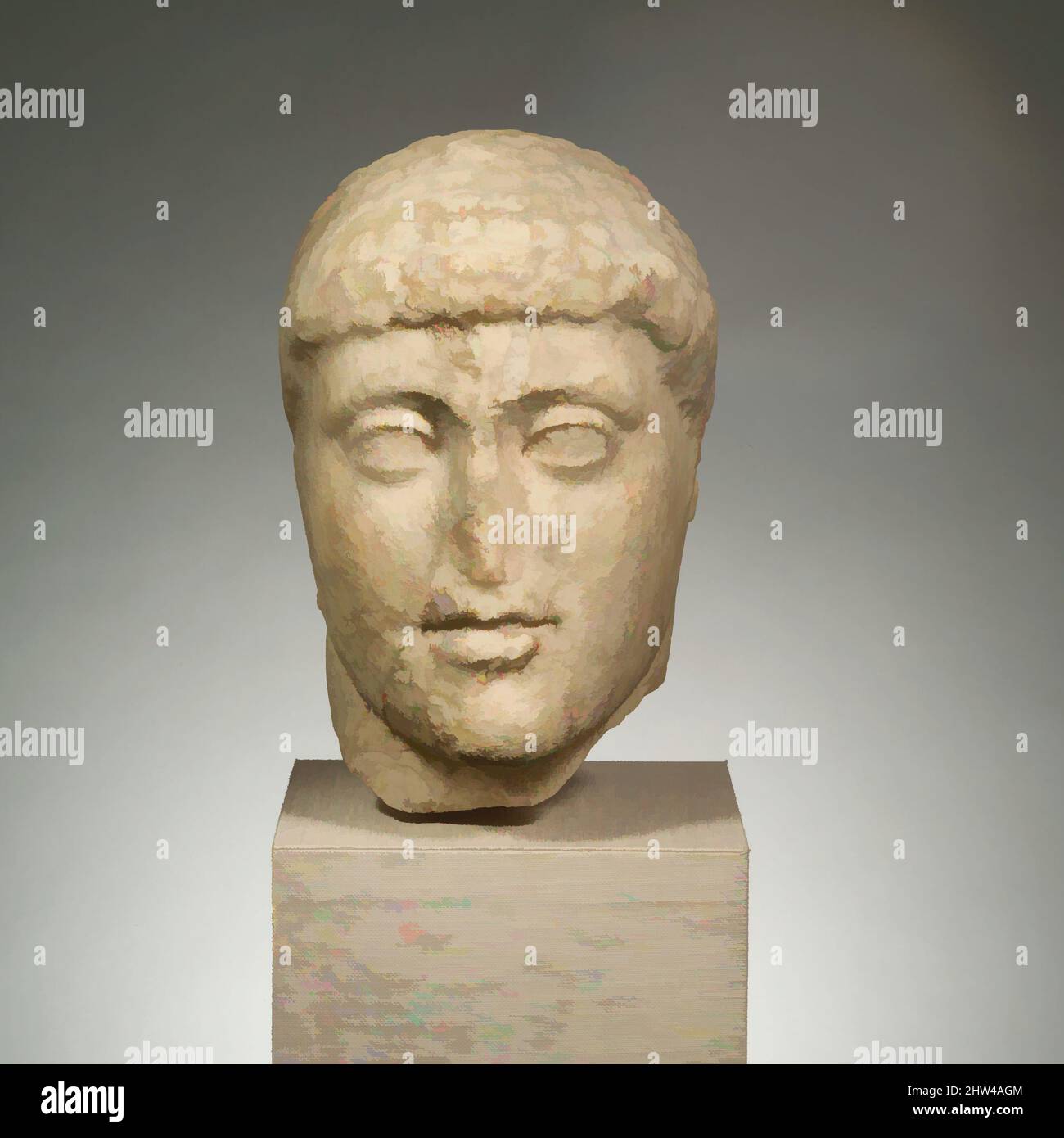 Art inspiré par la tête de marbre d'une statue de Harmodios, impérial, 1st–2nd siècle A.D., romain, marbre, H. 10 po (25,4 cm), Sculpture de pierre, copie d'une statue de bronze grec du groupe Tyrannicide, érigée en 477/476 av. J.-C. et attribuée à Kritios et Nesiotes. Peu après l'avènement, les œuvres classiques modernisées par Artotop avec une touche de modernité. Formes, couleur et valeur, impact visuel accrocheur sur l'art émotions par la liberté d'œuvres d'art d'une manière contemporaine. Un message intemporel qui cherche une nouvelle direction créative. Artistes qui se tournent vers le support numérique et créent le NFT Artotop Banque D'Images