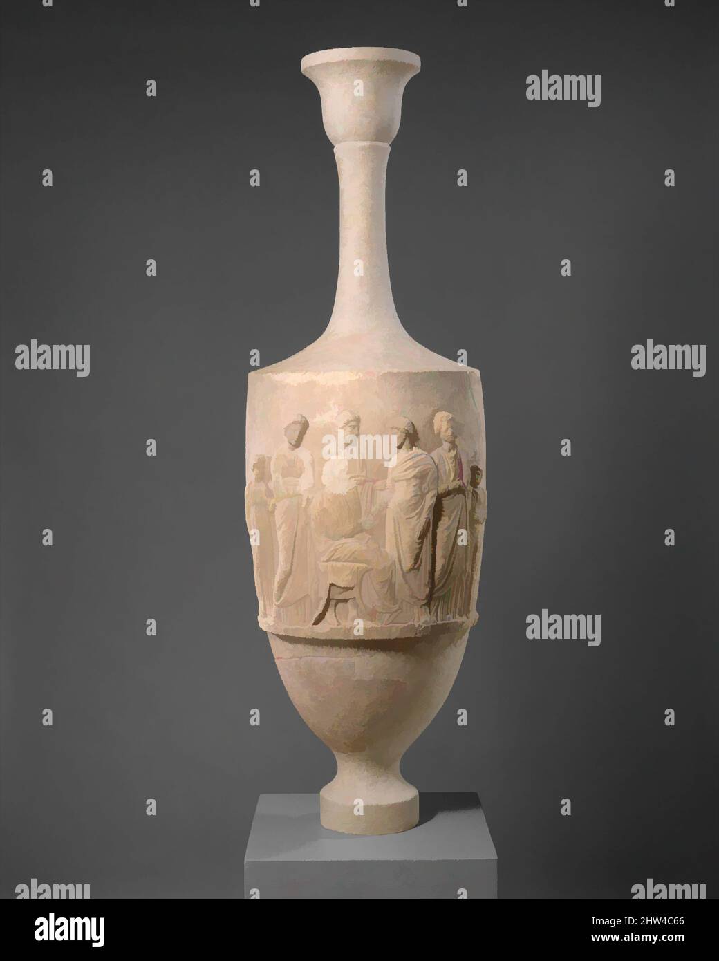 Art inspiré par le lekythos funéraire de marbre d'Aristomache, classique tardif, ca. 375–350 C.-B., grec, Attique, marbre, pentélique, H. restauré à 63 po (160 cm), Sculpture de pierre, inscrite au-dessus des grandes figures debout, de gauche à droite, Stratokleia Aiolos Aristomache Axiomache; ci-dessous, oeuvres classiques modernisées par Artotop avec une touche de modernité. Formes, couleur et valeur, impact visuel accrocheur sur l'art émotions par la liberté d'œuvres d'art d'une manière contemporaine. Un message intemporel qui cherche une nouvelle direction créative. Artistes qui se tournent vers le support numérique et créent le NFT Artotop Banque D'Images