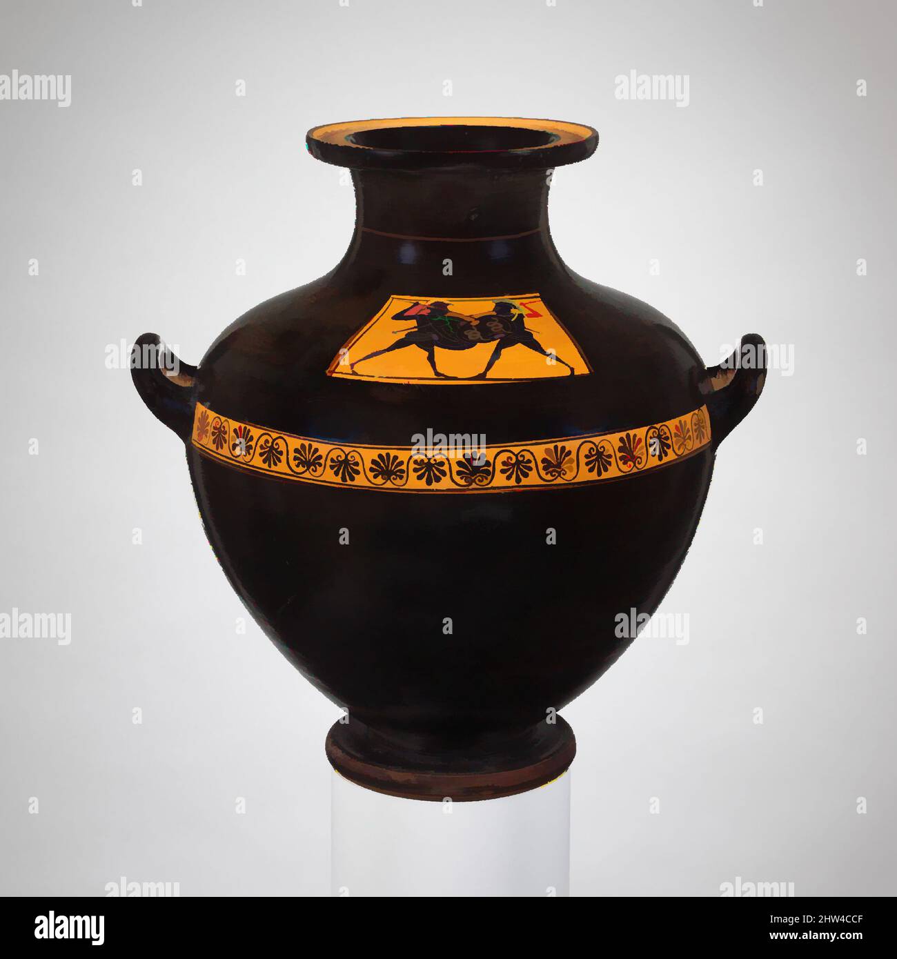 Art inspiré par l'hydrie de terre cuite: Kalpis (vase d'eau), archaïque, ca. 510 av. J.-C., grec, Attique, terre cuite ; figure noire, H. 13 po (33 cm), vases, sur l'épaule, deux guerriers au combat. La forme et la glaçure noire brillante contribuent de manière décisive à l'élégance et à la puissance de l'hydria, les œuvres classiques modernisées par Artotop avec une touche de modernité. Formes, couleur et valeur, impact visuel accrocheur sur l'art émotions par la liberté d'œuvres d'art d'une manière contemporaine. Un message intemporel qui cherche une nouvelle direction créative. Artistes qui se tournent vers le support numérique et créent le NFT Artotop Banque D'Images