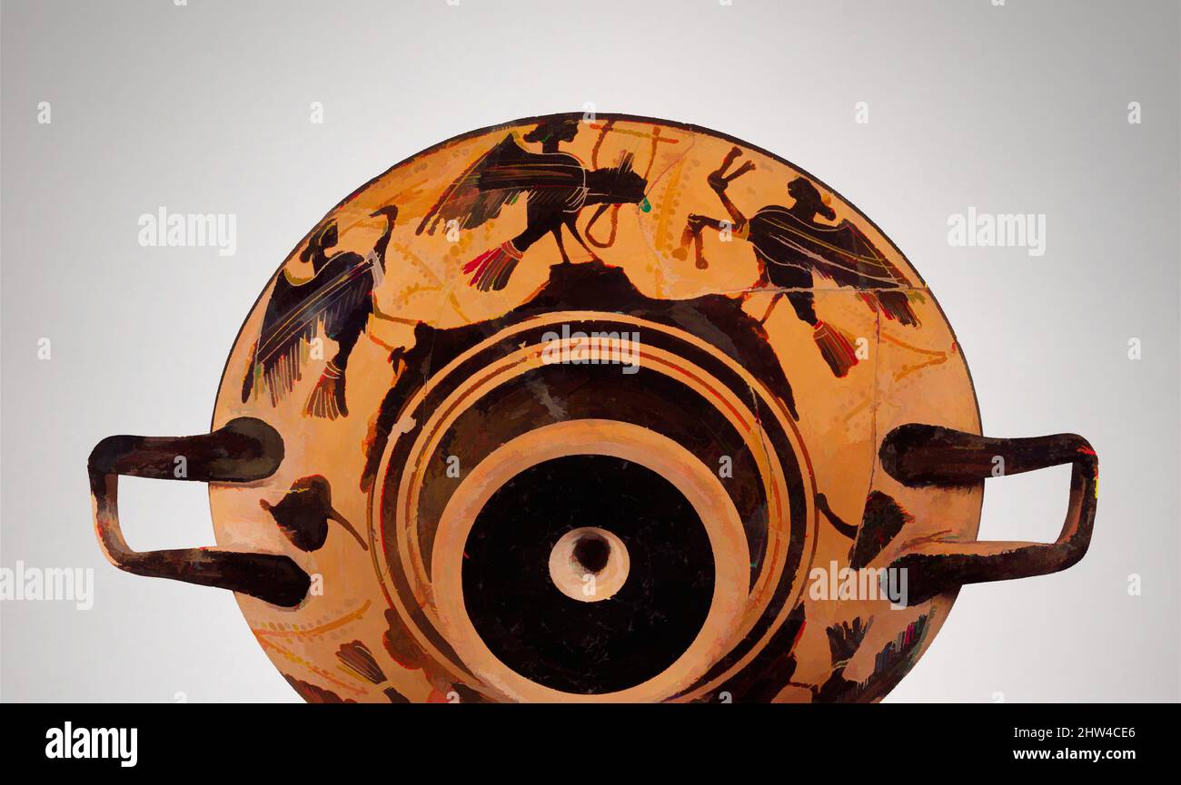 Art inspiré par la terre cuite kylix (coupe à boire), classique, début du 5th siècle avant J.-C., grec, boéotien, terre cuite; figure noire, 3 1/8 x 12in. (8 x 30,5cm) ; diamètre 9 5/16in. (23,7cm), vases, intérieur: Femme., extérieur: Sirènes faisant de la musique, oeuvres classiques modernisées par Artotop avec une touche de modernité. Formes, couleur et valeur, impact visuel accrocheur sur l'art émotions par la liberté d'œuvres d'art d'une manière contemporaine. Un message intemporel qui cherche une nouvelle direction créative. Artistes qui se tournent vers le support numérique et créent le NFT Artotop Banque D'Images