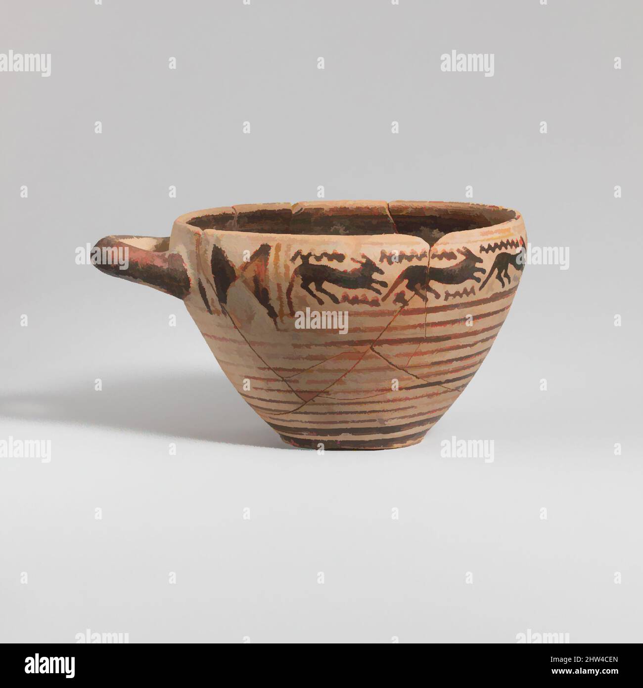 Art inspiré par les skyphos à poignée unique en terre cuite (coupe à boire profond), géométrique, fin du 8th siècle–début du 7th siècle avant J.-C., grec, possiblement boéotien, terre cuite, 2 1/2 x 4 3/4in. (6,4 x 12,1cm) ; diamètre 3 13/16in. (9,7cm), vases, autour de la lèvre, sept chiens de course, oeuvres classiques modernisées par Artotop avec un peu de modernité. Formes, couleur et valeur, impact visuel accrocheur sur l'art émotions par la liberté d'œuvres d'art d'une manière contemporaine. Un message intemporel qui cherche une nouvelle direction créative. Artistes qui se tournent vers le support numérique et créent le NFT Artotop Banque D'Images