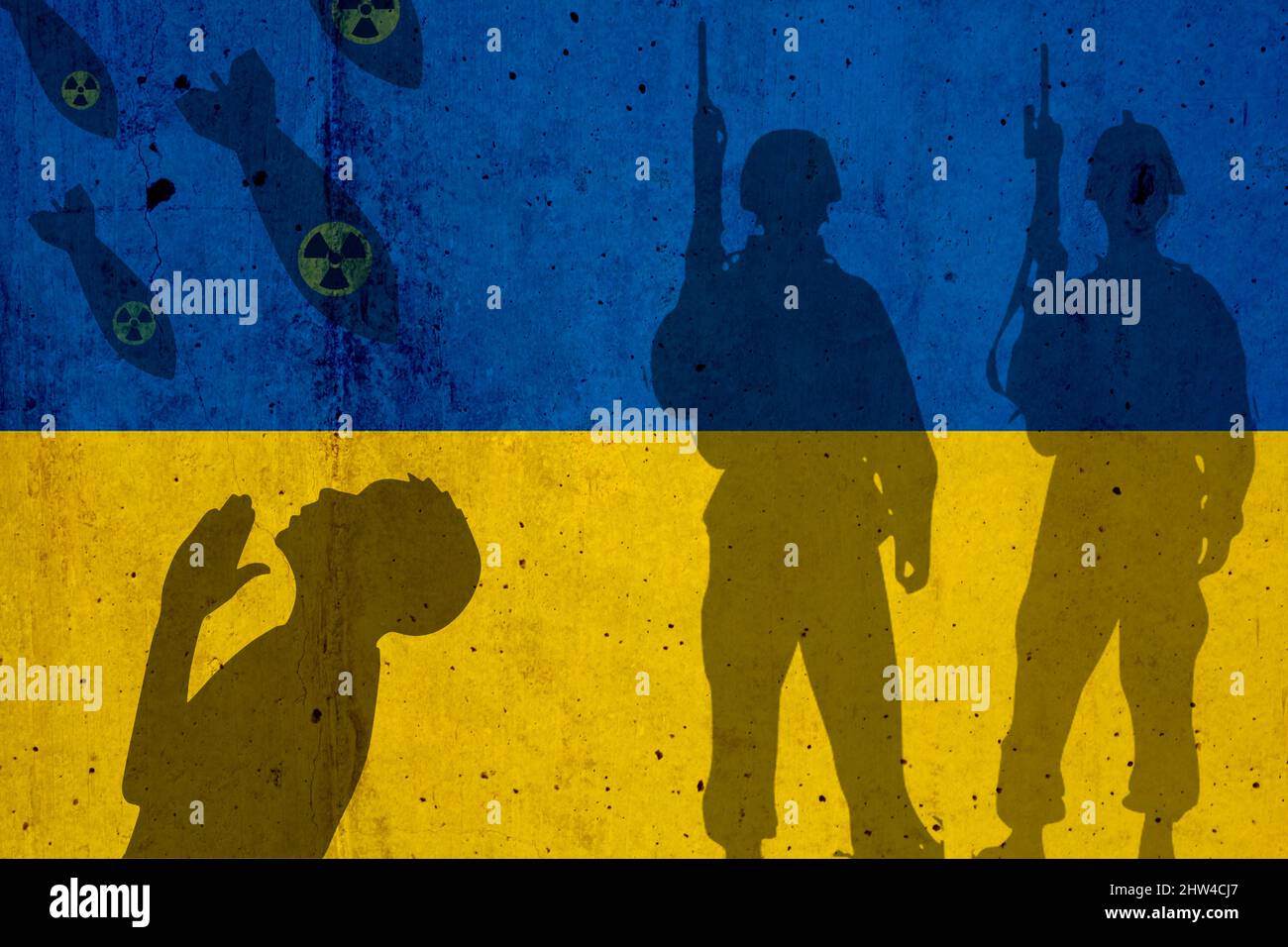 Ukraine drapeau et ombre de soldats, bombes et enfant de prière Banque D'Images