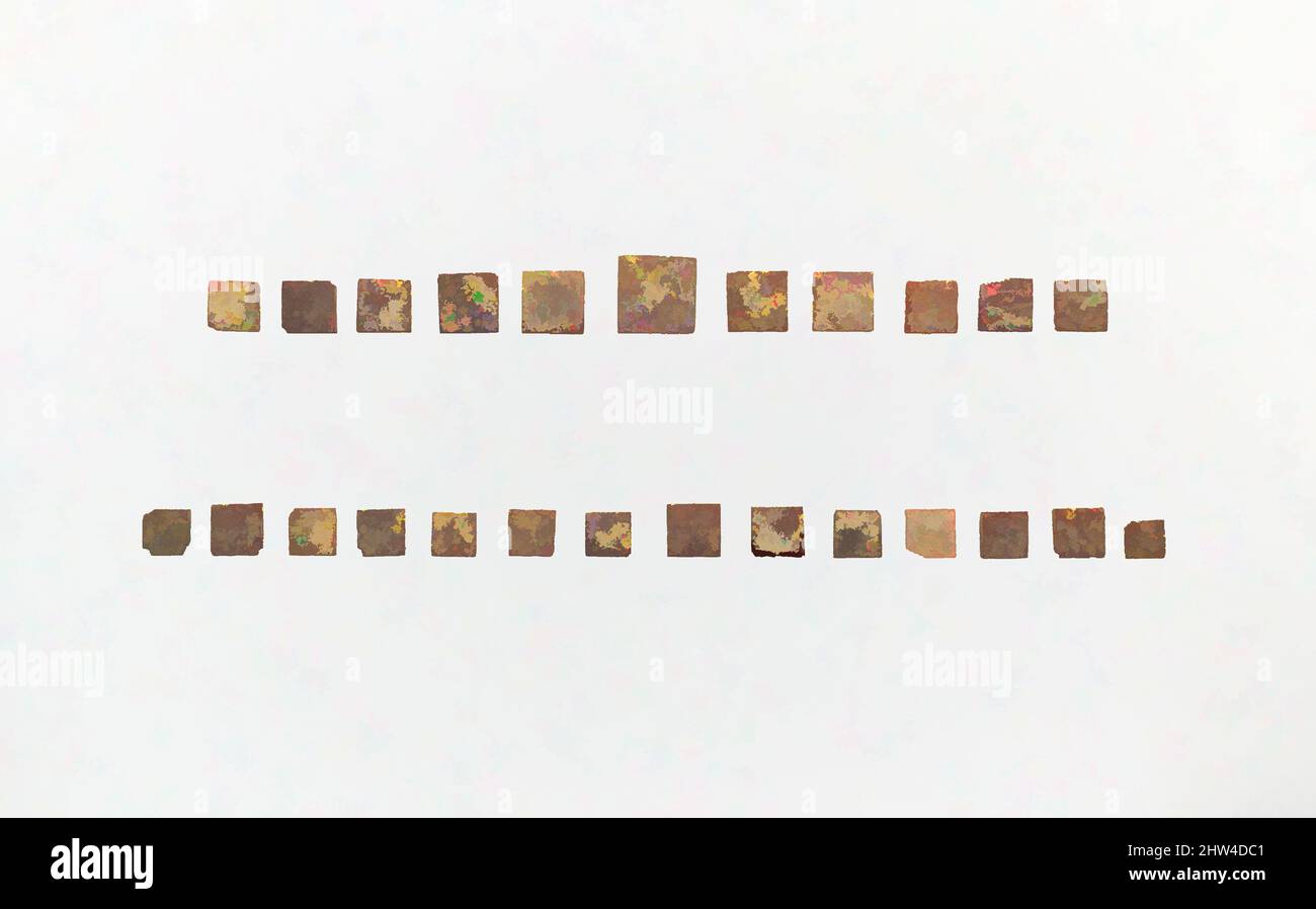 Art inspiré par des perles espacées d'un vêtement semblable à un tablier, archaïque, 7th Century B.C., italique, ambre, H. : 13/16 x 1 1/16 po (2 x 2,7 cm)moyenne, divers-Faithence, les carrés sont de différentes tailles mais peuvent avoir décoré un pectoral d'or, ou peut-être des incrustations pour un morceau de mobilier, oeuvres classiques modernisées par Artotop avec un peu de modernité. Formes, couleur et valeur, impact visuel accrocheur sur l'art émotions par la liberté d'œuvres d'art d'une manière contemporaine. Un message intemporel qui cherche une nouvelle direction créative. Artistes qui se tournent vers le support numérique et créent le NFT Artotop Banque D'Images
