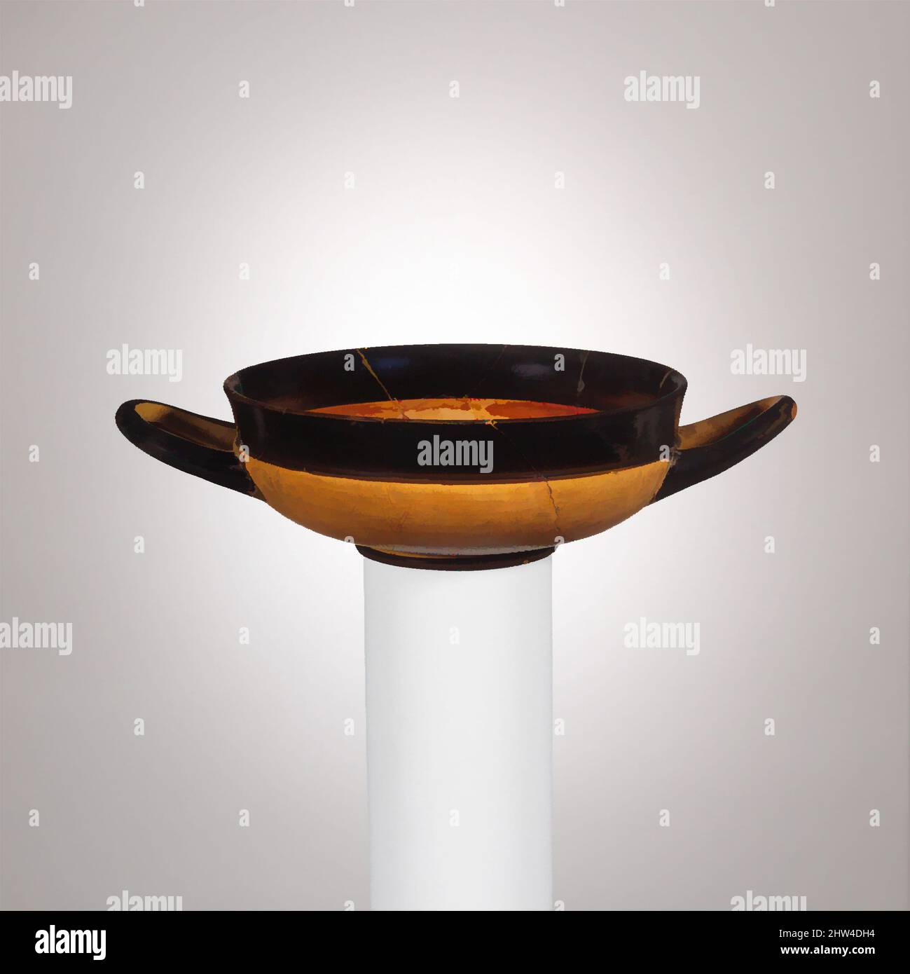 Art inspiré par kylix sans tige en terre cuite (tasse à boire), archaïque tardive, env. 500–475 av. J.-C., grec, Attique, terre cuite ; glaçure noire, rouge corail, 1 7/8 × 4 7/8 po (4,8 × 12,4 cm), vases, coupe sans stemless avec deux poignées et bande noire autour du rebord, œuvres classiques modernisées par Artotop avec une touche de modernité. Formes, couleur et valeur, impact visuel accrocheur sur l'art émotions par la liberté d'œuvres d'art d'une manière contemporaine. Un message intemporel qui cherche une nouvelle direction créative. Artistes qui se tournent vers le support numérique et créent le NFT Artotop Banque D'Images