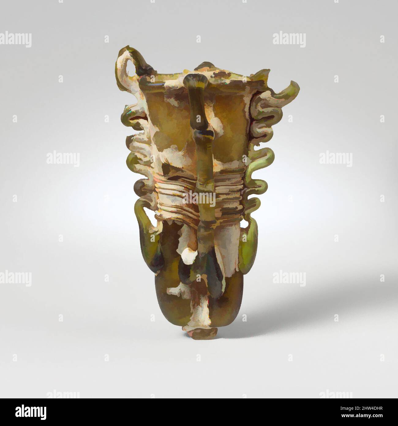 Art inspiré par la double fiole à cosmétiques en verre (tube de kohl), fin de l'Impériale, 4th Century A.D., romain, syrien, Verre; soufflé et traîné, total: 4 13/16in. (12,2cm), verre, vert jaune translucide; poignées et sentiers de la même couleur., rebord tubulaire à feuilles persistantes, replié et intérieur; corps comprenant, œuvres classiques modernisées par Artotop avec une touche de modernité. Formes, couleur et valeur, impact visuel accrocheur sur l'art émotions par la liberté d'œuvres d'art d'une manière contemporaine. Un message intemporel qui cherche une nouvelle direction créative. Artistes qui se tournent vers le support numérique et créent le NFT Artotop Banque D'Images
