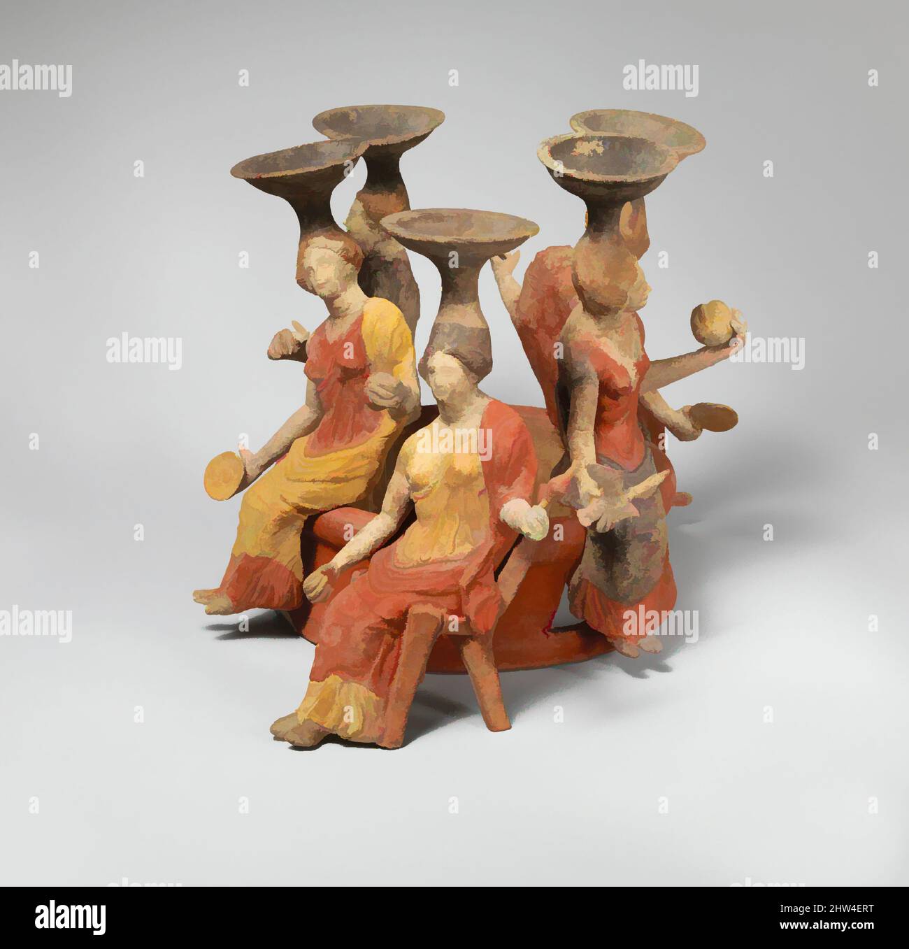 Art inspiré par le groupe de femmes en terre cuite assis autour d'une tête de puits, classique, 2nd moitié de 4th siècle avant J.-C., grec, Tarentine, terre cuite, Max. H. : 8 1/4 po (21 cm), terracottas, brûleurs d'Encens (thymiateria grec) étaient des instruments cultes importants dans toute la Méditerranée antique, oeuvres classiques modernisées par Artotop avec un peu de modernité. Formes, couleur et valeur, impact visuel accrocheur sur l'art émotions par la liberté d'œuvres d'art d'une manière contemporaine. Un message intemporel qui cherche une nouvelle direction créative. Artistes qui se tournent vers le support numérique et créent le NFT Artotop Banque D'Images