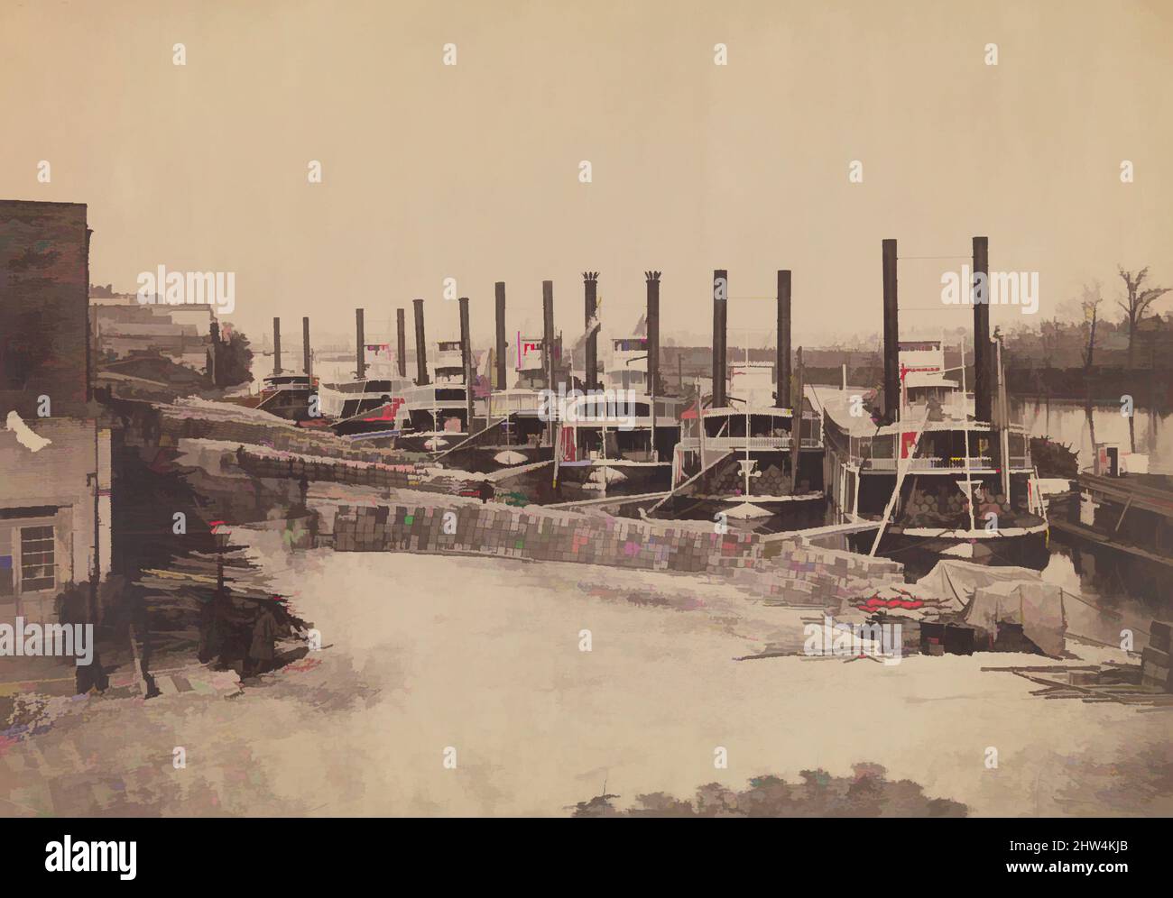 Art inspiré par Supply Steamers à Nashville, Tennessee, 1862, impression argentée à base d'albumine de négatif de verre, image : 27,9 x 42,1 cm (11 x 16 9/16 po), photographies, Rodney Poole (américain, né en 1837), l'ensemble apparemment sans fin de bateaux à vapeur le long du quai de Nashville, Tennessee, œuvres classiques modernisées par Artotop avec une touche de modernité. Formes, couleur et valeur, impact visuel accrocheur sur l'art émotions par la liberté d'œuvres d'art d'une manière contemporaine. Un message intemporel qui cherche une nouvelle direction créative. Artistes qui se tournent vers le support numérique et créent le NFT Artotop Banque D'Images